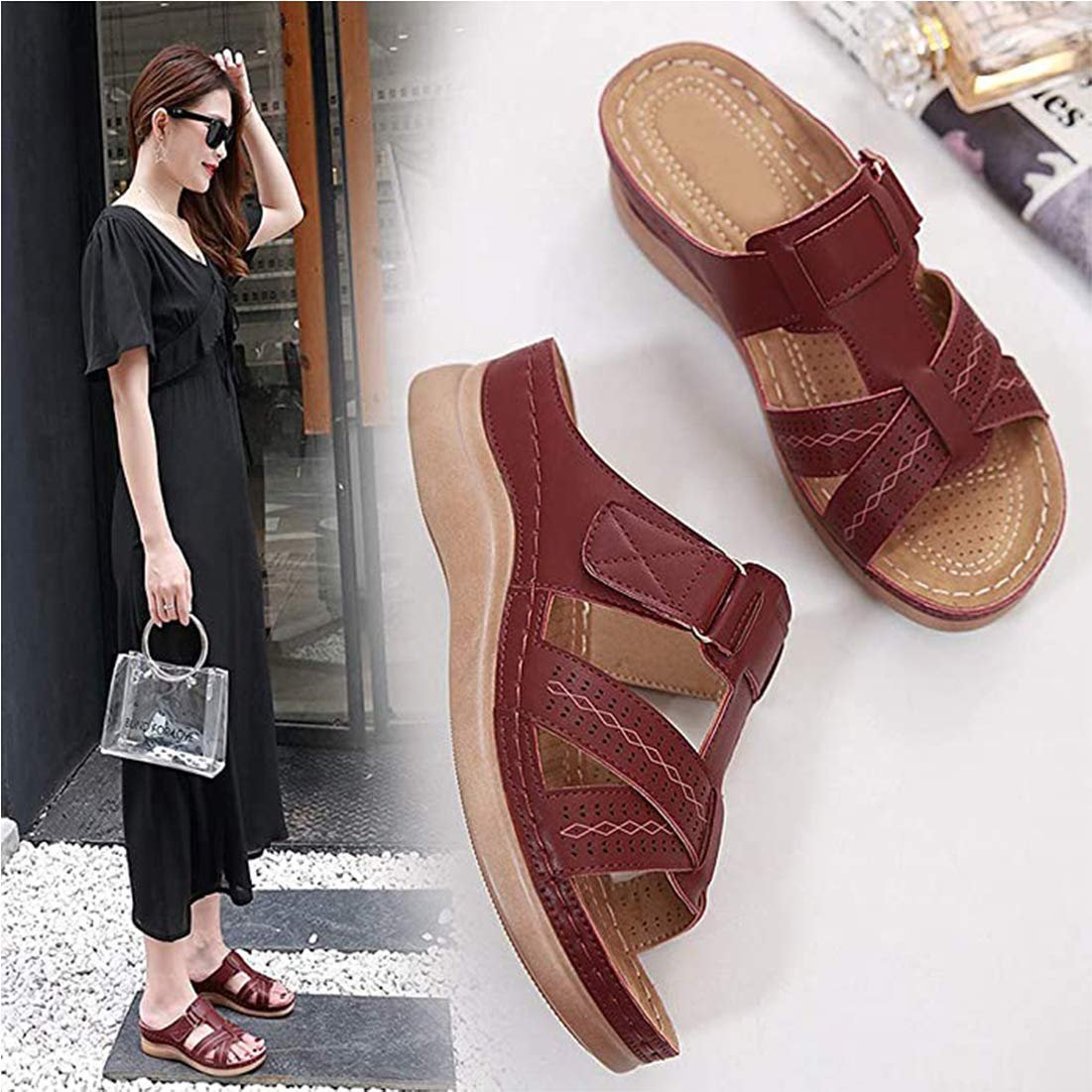 Жіночі Шльопанці на танкетці з штучної шкіри з відкритим носком, фото №6