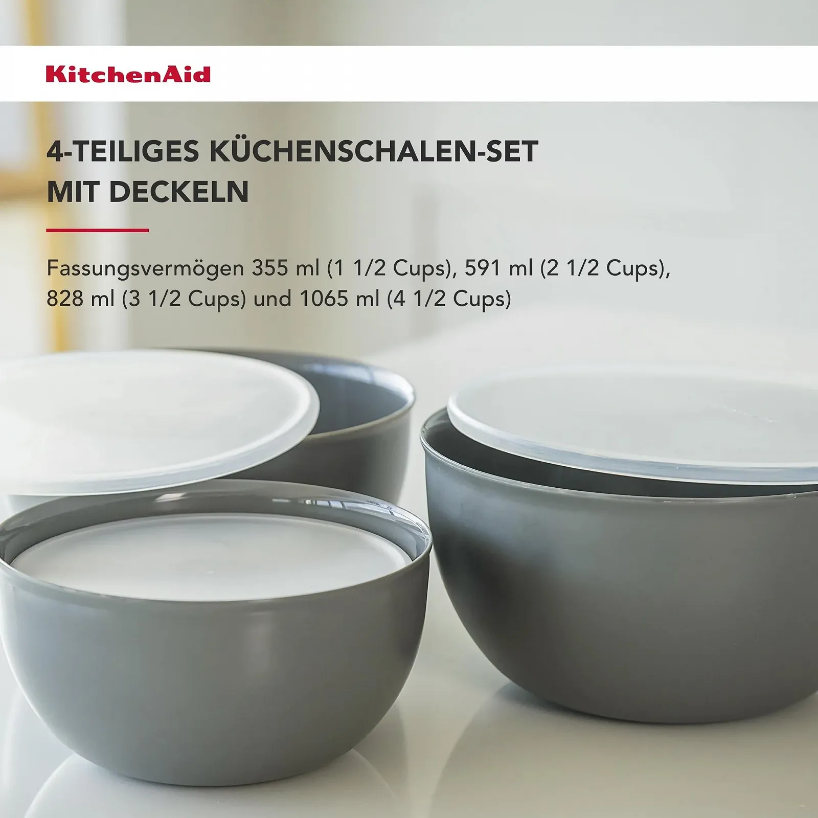 Набор мисок для приготовления еды KitchenAid из 4 шт. с крышками угольно-серый, фото №2 Набор мисок для приготовления еды KitchenAid из 4 шт. с крышками угольно-серый, фото №2