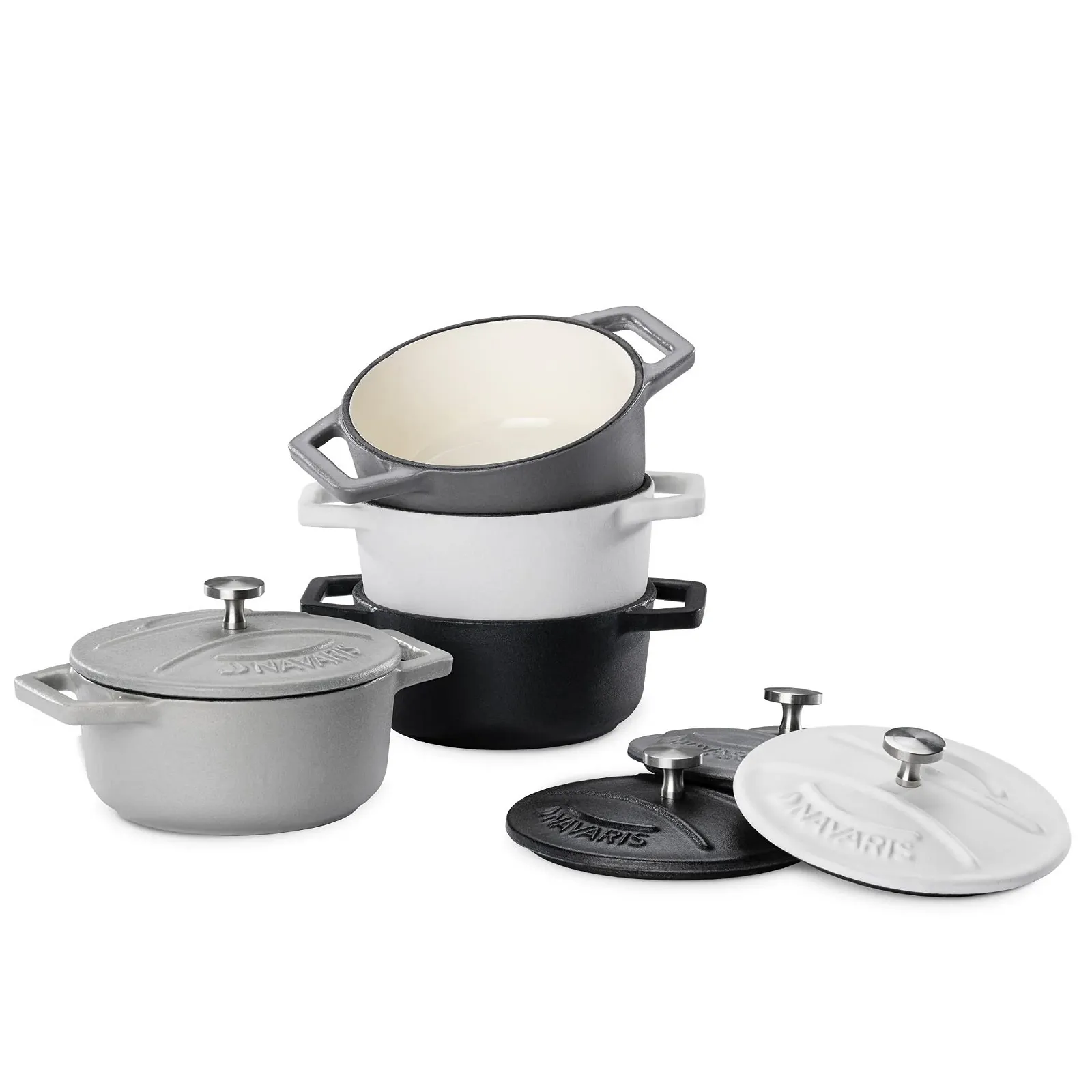 Набір міні-кокотниць Navaris 4 шт. чавунні з кришками чорний білий, фото №7