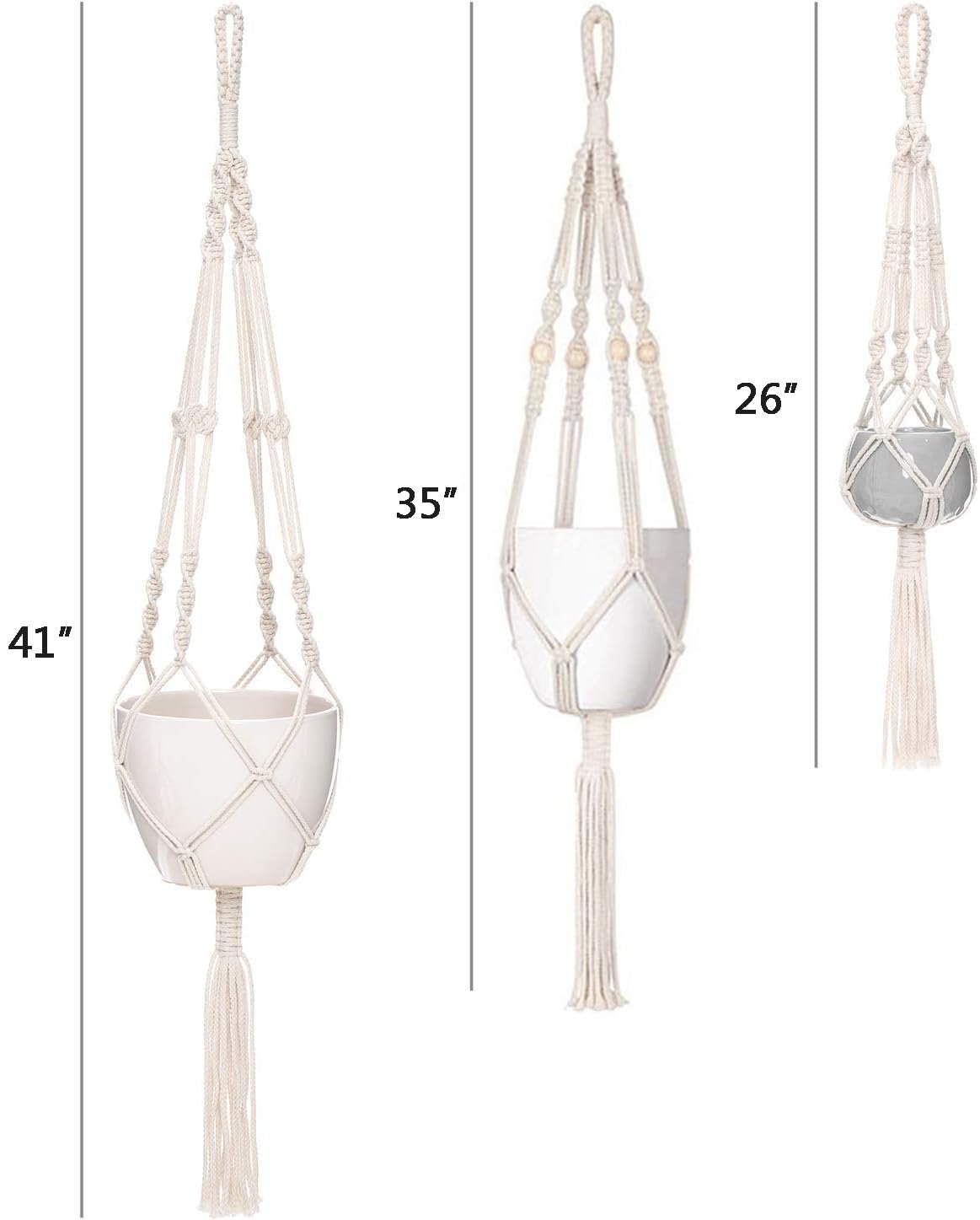 Подвесные корзины макраме Mkouo Набор 3 шт. хлопок кисточки 66 см/86 см/104 см, фото №6