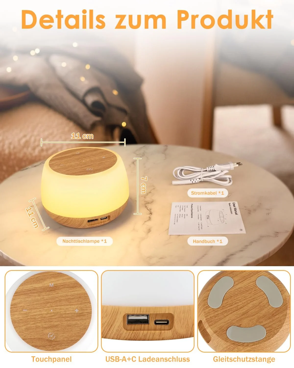 Настільна лампа LED 20 Вт Touch Dimmable 9 кольорів 3 режими Wood Grain, фото №7