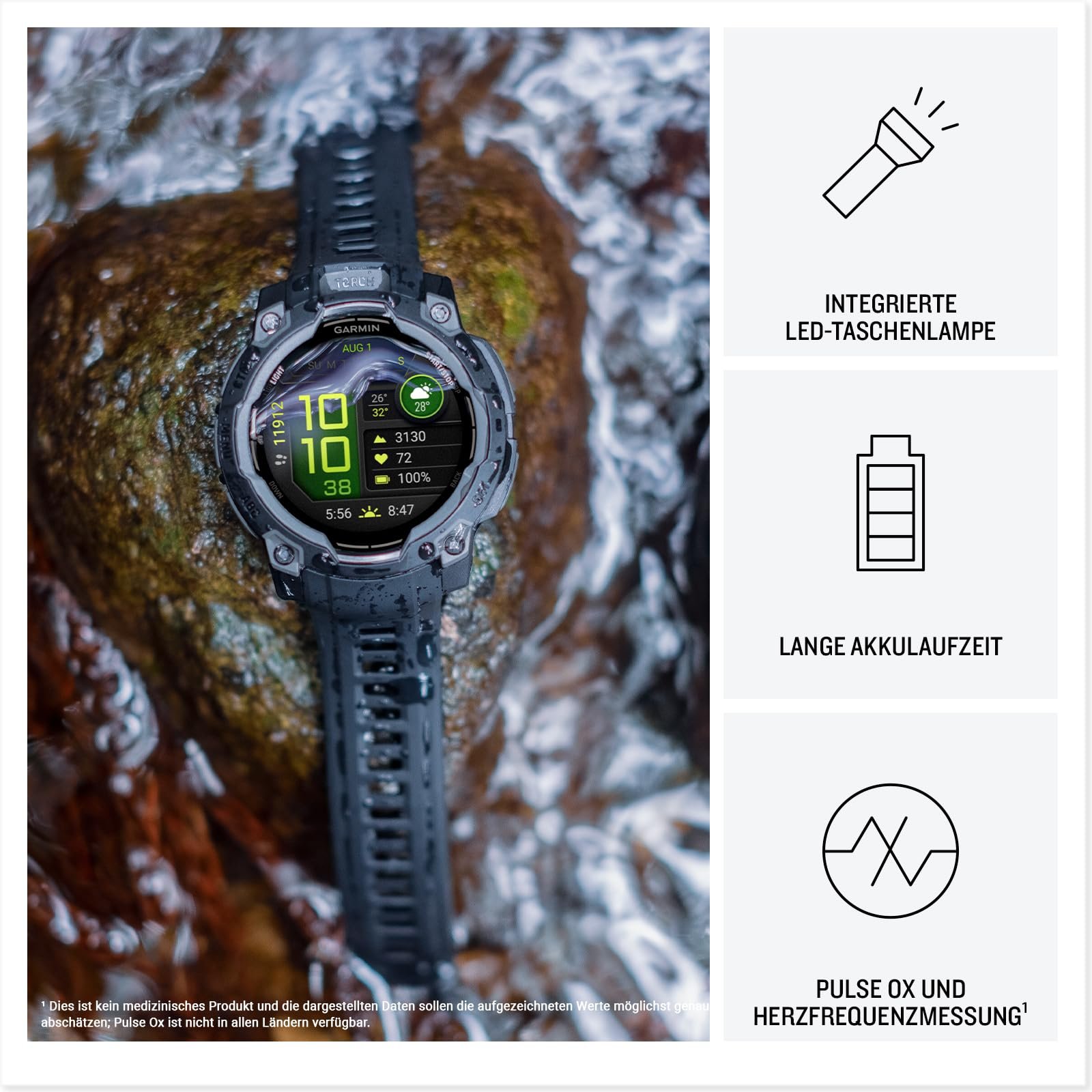 Смарт-годинник Мультиспорт Garmin Instinct 3 50 мм AMOLED GPS, дисплей 1.3 дюйма, до 24 днів роботи від батареї, 80+ спортивних програм, Health Coach, мультисупутниковий прийом, світлодіодний ліхтарик, повідомлення, фото №3