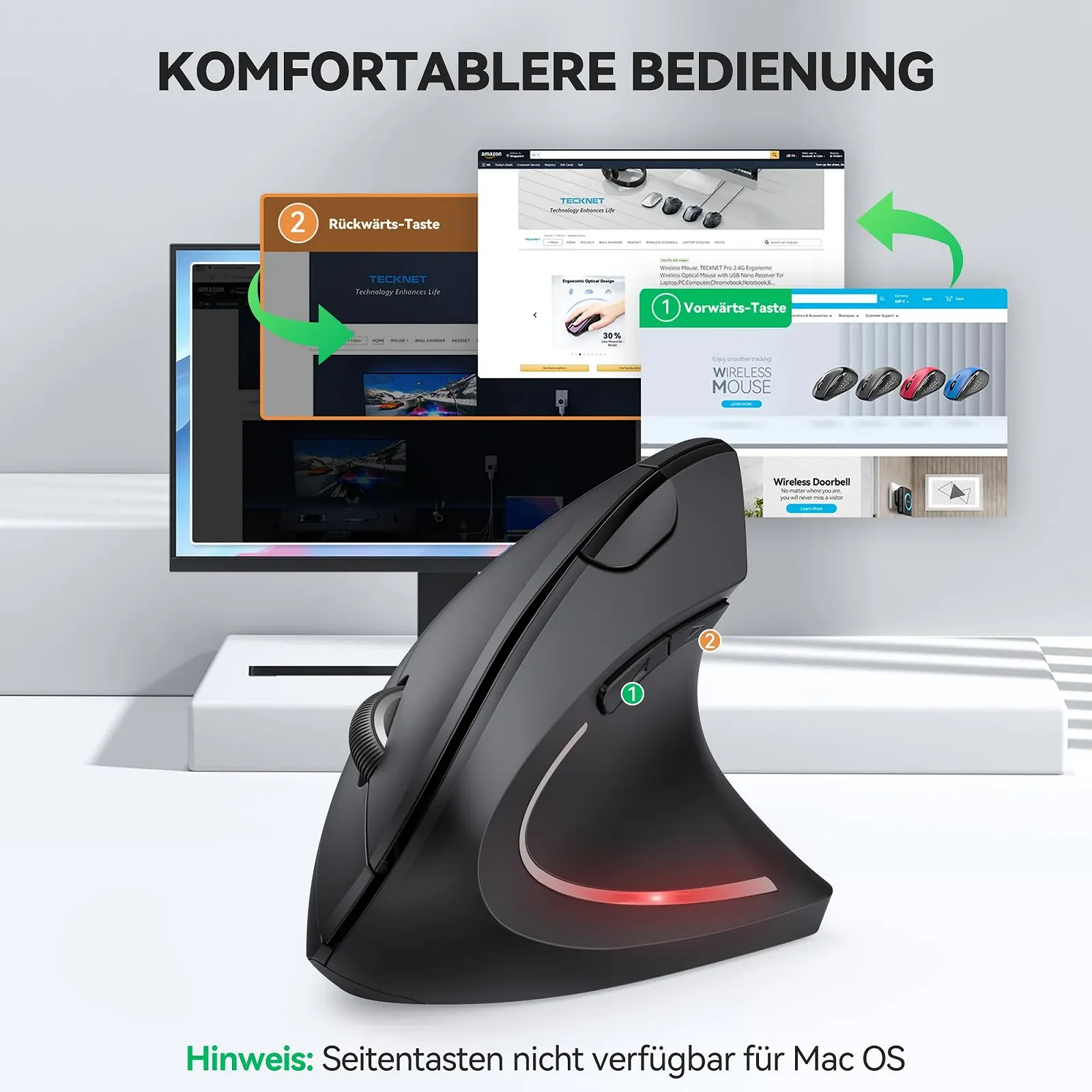 Миша TECKNET Бездротова Bluetooth Ергономічна Вертикальна з USB-C адаптерами 4800 DPI Оптична Тиха 6 Кнопок, фото №5