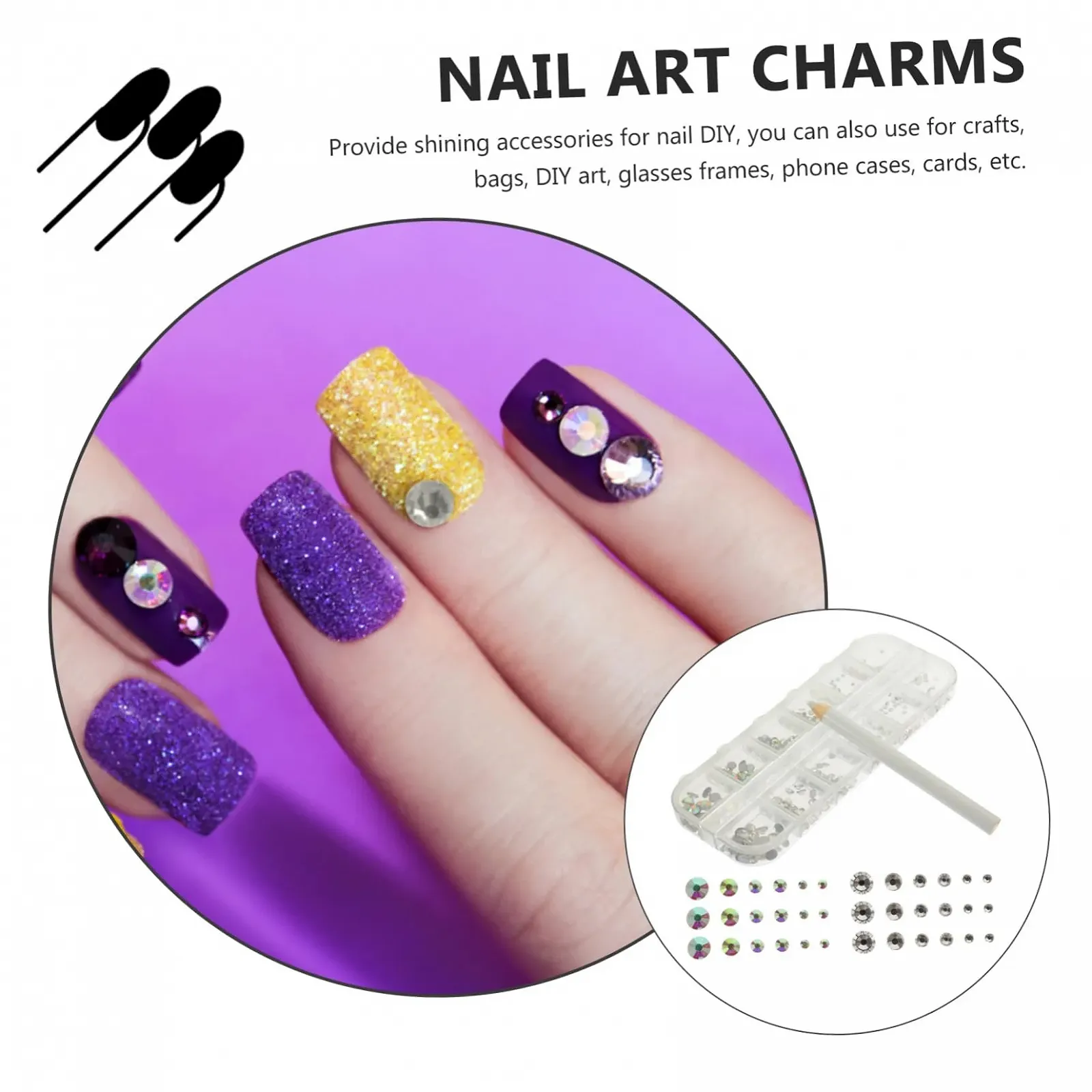 Стразы Плоские FRCOLOR 3 шт. для дизайна ногтей Блестящие стеклянные бриллианты с ручками для нейл-арта для творческого маникюра и украшений для ногтей, лица и тела, фото №7