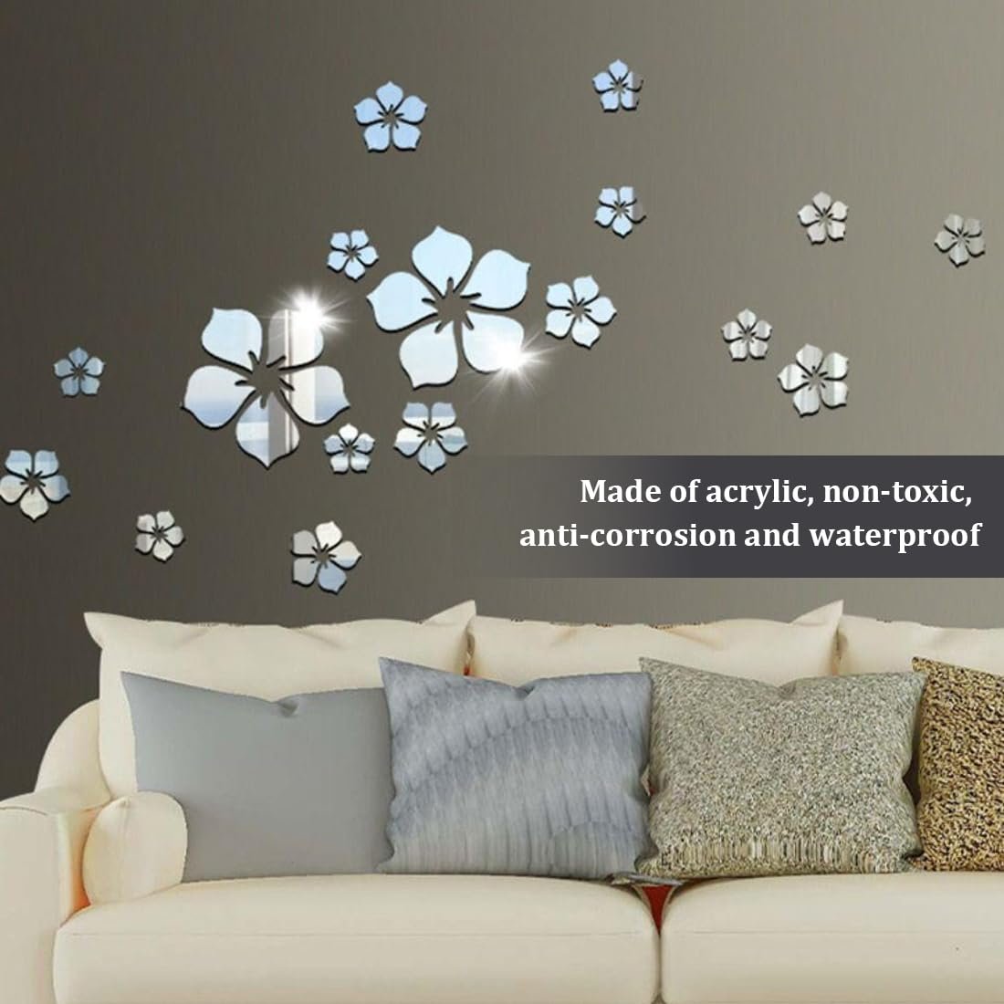 Наклейки на стену зеркальные 18 штук Акриловые цветы Серебристые, фото №5
