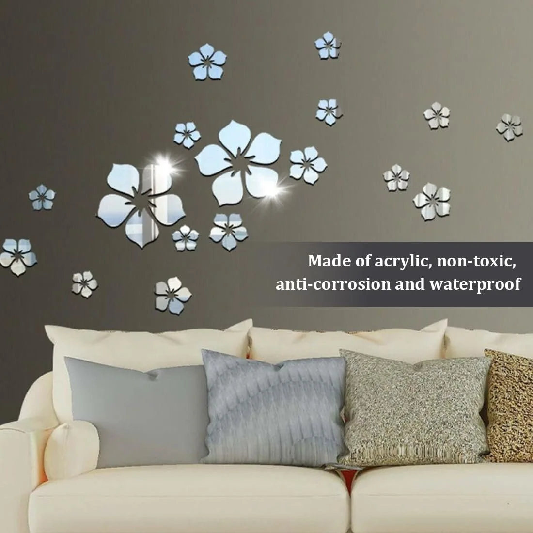 Наклейки на стену зеркальные 18 штук Акриловые цветы Серебристые, фото №5
