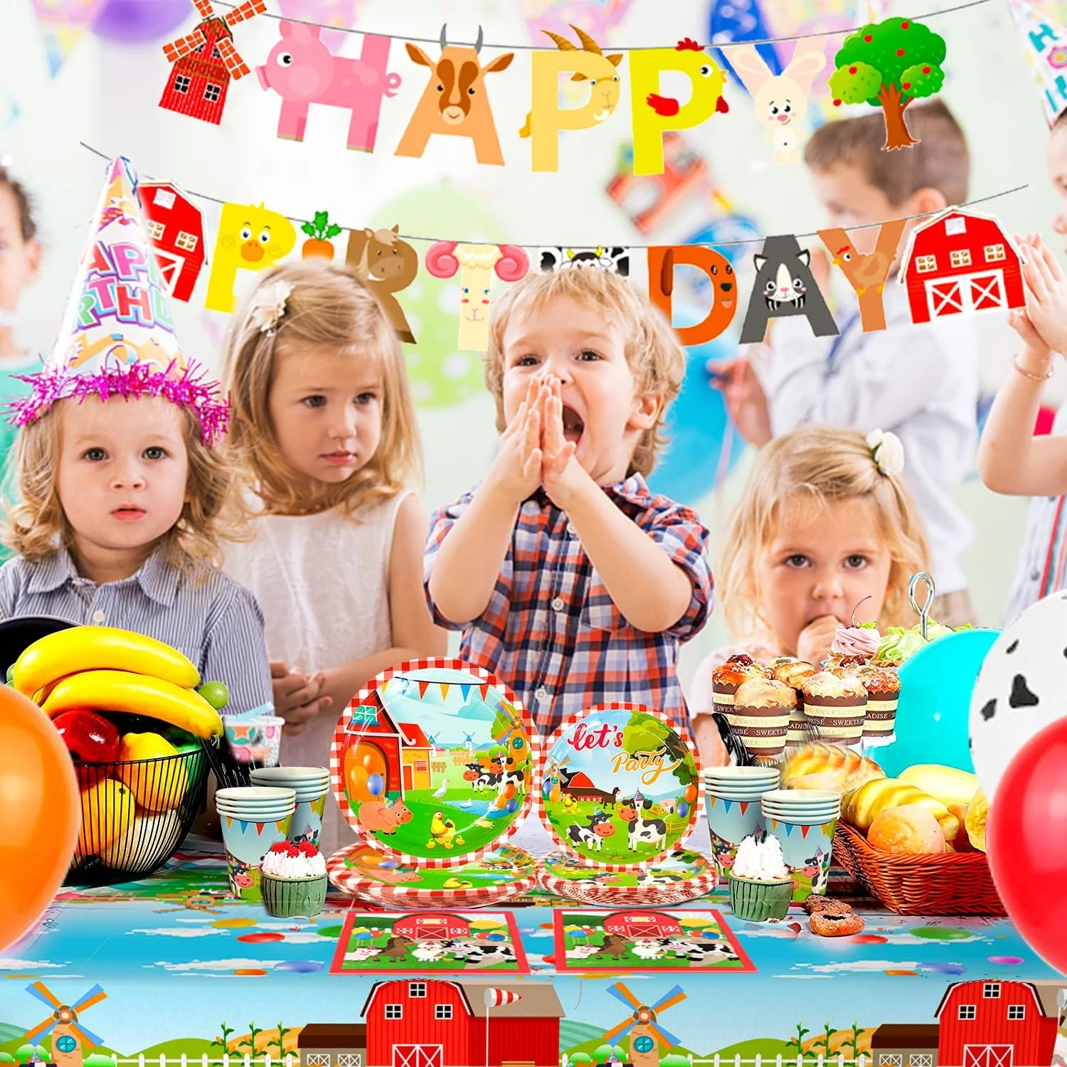 Набір посуду для фермерської вечірки 16 Ферма Тварини Тарілки Стакани Серветки Скатертина Банер, фото №4