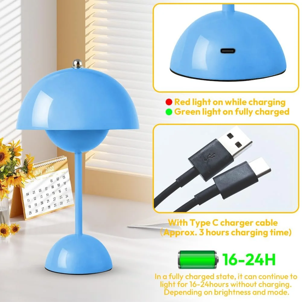 Настільна лампа акумуляторна бездротова у формі гриба сенсорна димована 3000 K - 6000 K IP54 Синя, фото №6