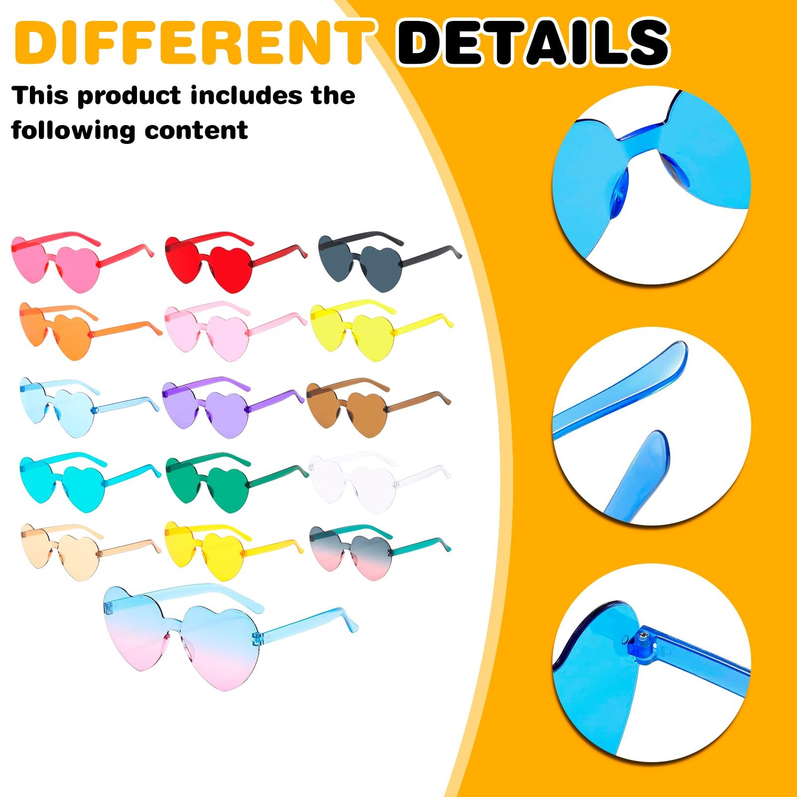 Сонцезахисні окуляри Серце Sporgo 16 пар Без оправи Неонові Різнокольорові Прозорі, фото №5