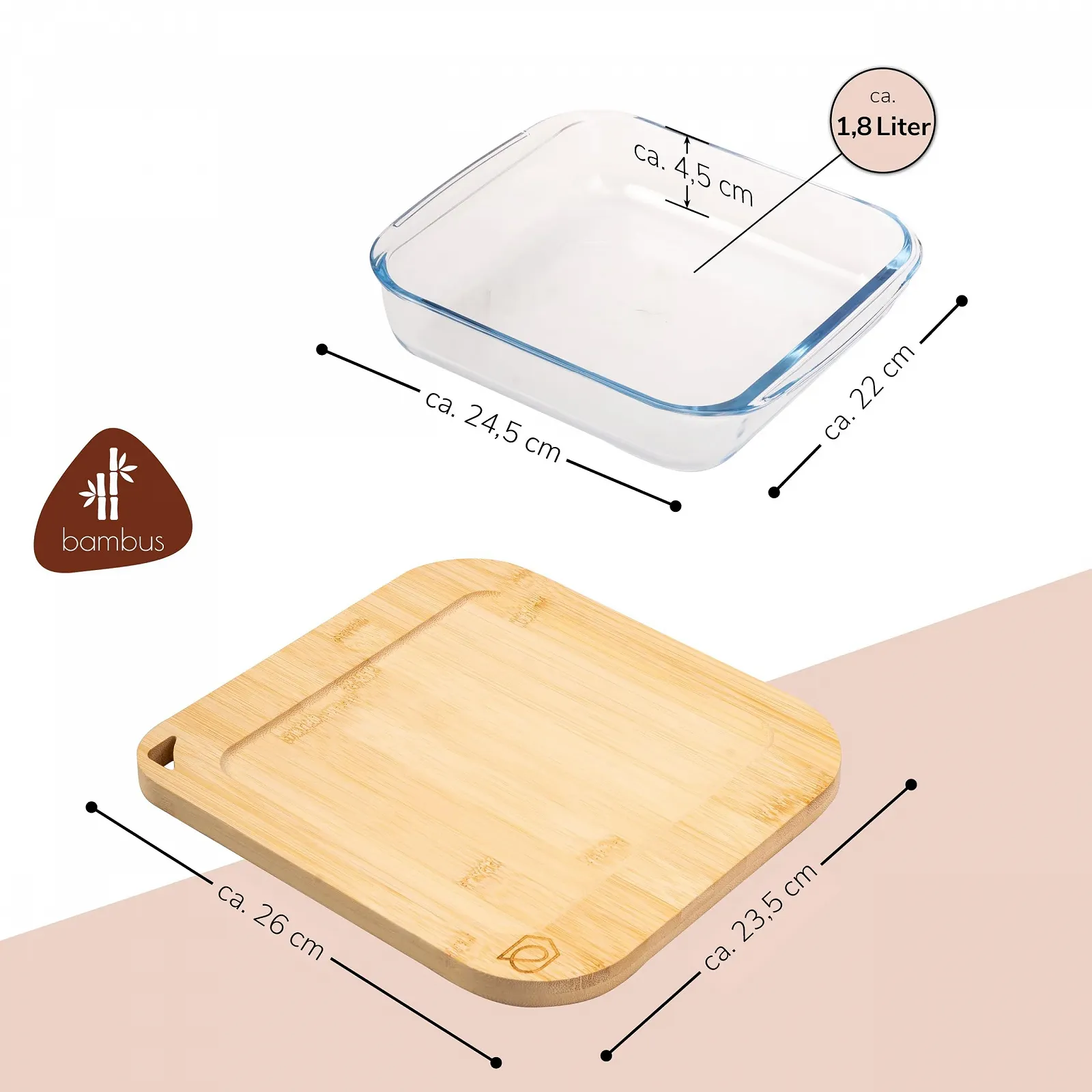 Стеклянная форма для запекания eluno с бамбуковой крышкой 1.8 л квадратная, фото №7