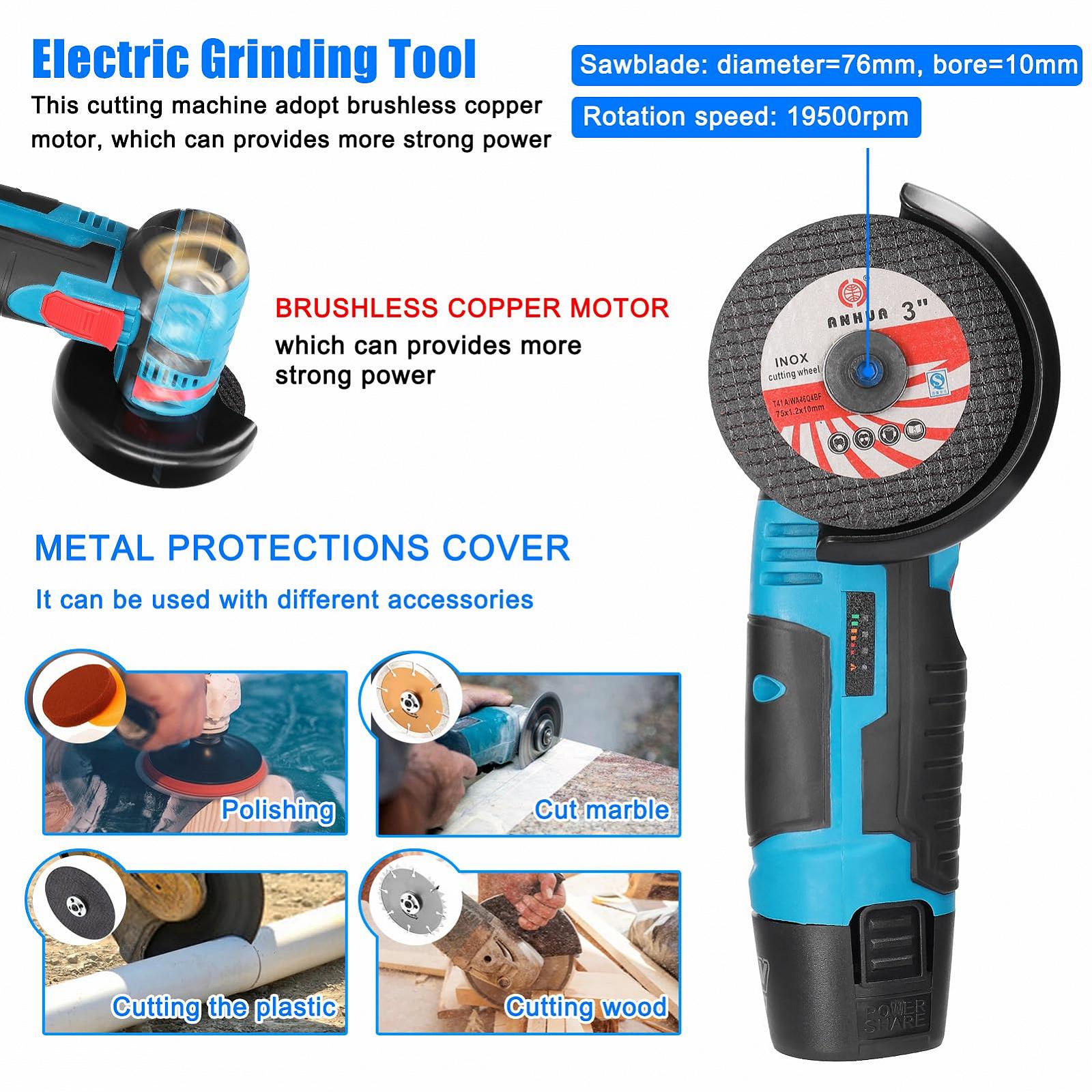 Угловая Шлифовальная машина Cordless 19500RPM 12V Professional Grinder Battery 2.0Ah Cutting Discs 76mm Angle Grinder (2 Battery), фото №2