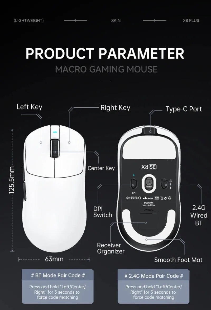 Ігрова миша Attack Shark X8SE PAW3311 25000DPI 400IPS 40G 1000Hz Black, фото №15