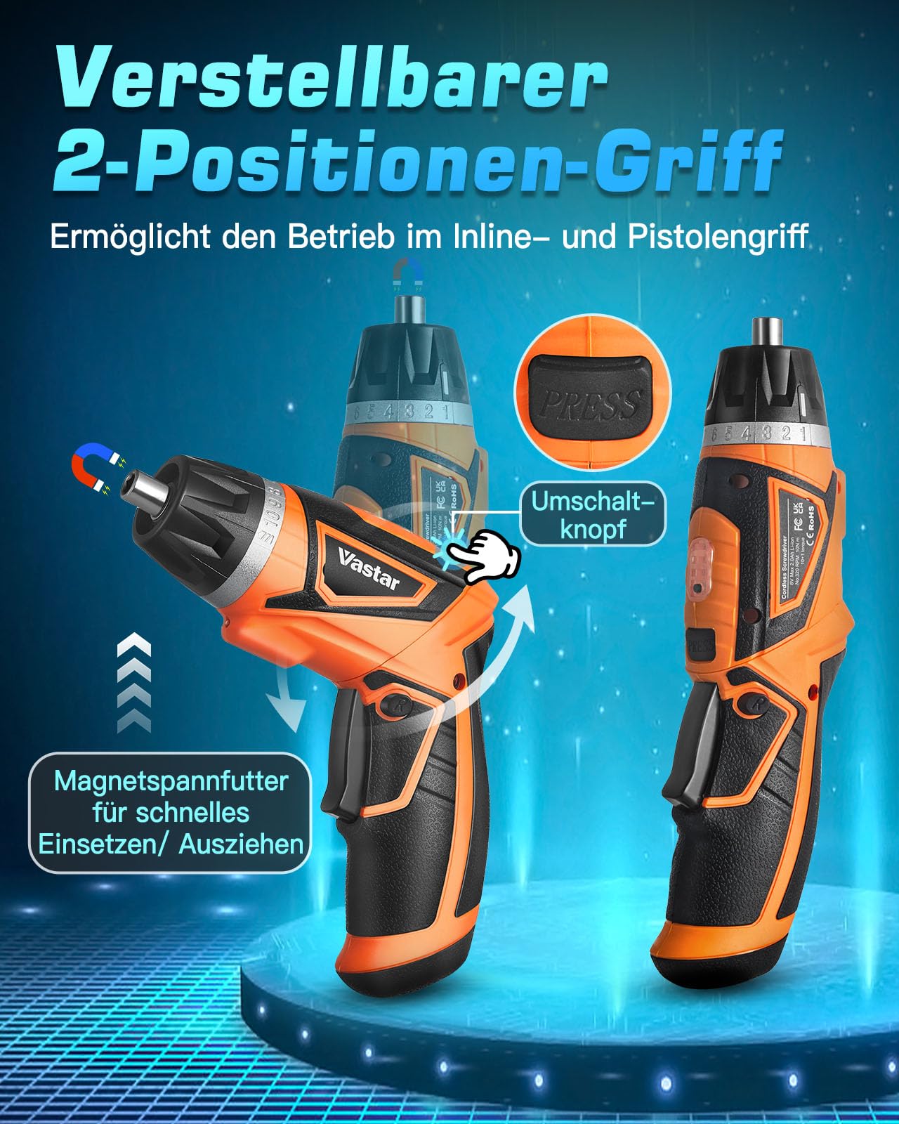 Шуруповерт Vastar 4.2 V Cordless Small Magnetic Mini Electric Battery Set 1500 mAh 220 RPM/10+1 Torque 48 модельных аксессуаров Dual Position Handle LED, фото №3