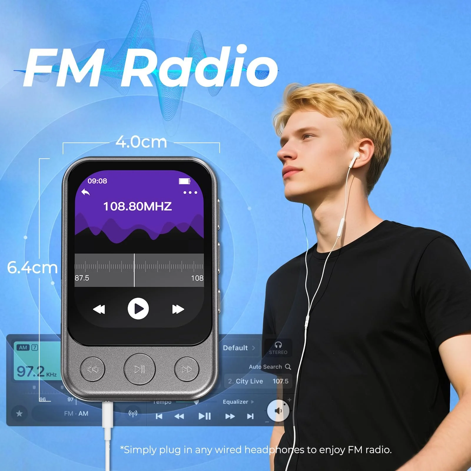 MP3-плеер 64GB Bluetooth 5.3 с клипсой и динамиком, спортивный музыкальный плеер с сенсорным экраном и кнопками, независимая регулировка громкости, FM-радио, запись голоса, расширение до 128GB, фото №6