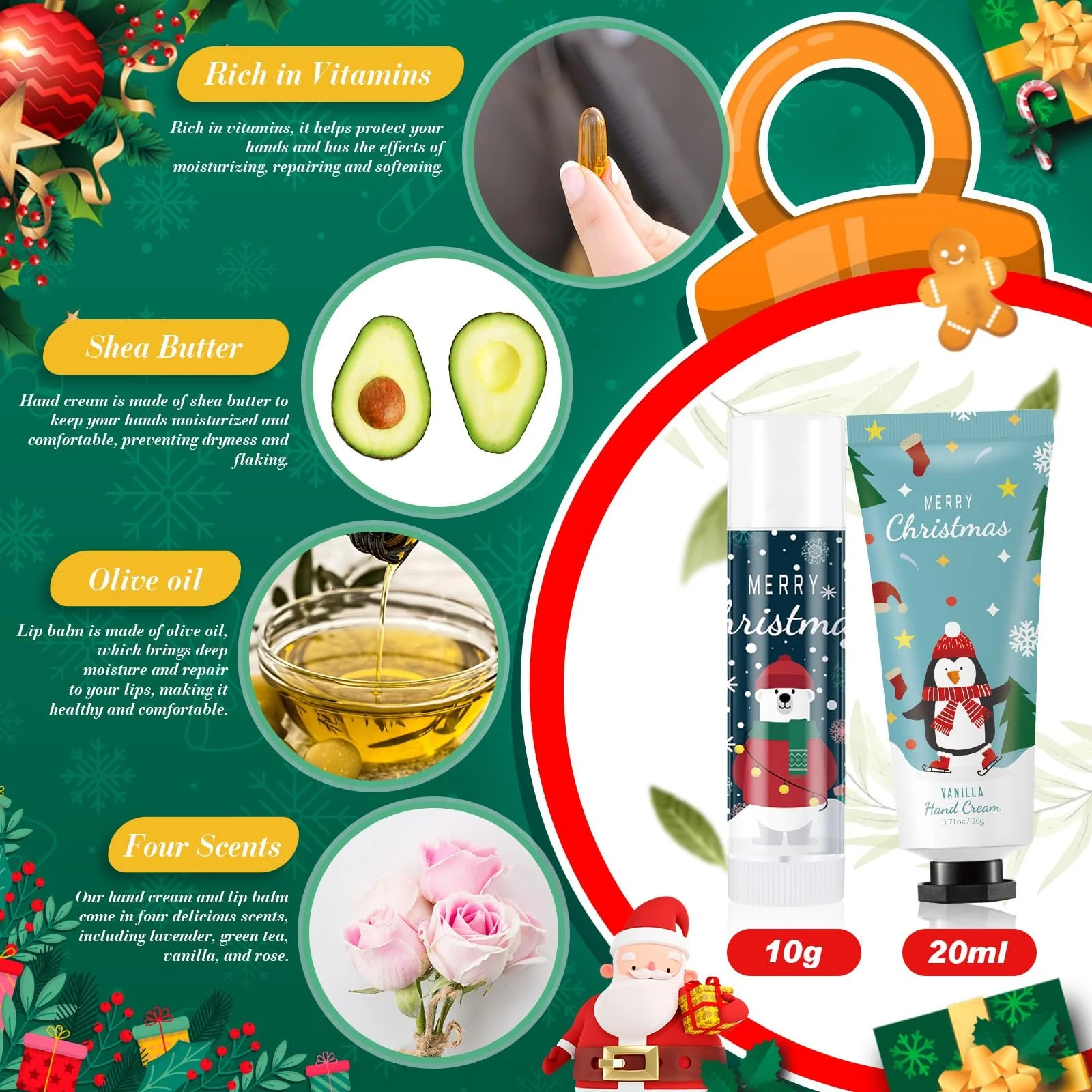 Крем для рук Maitys Christmas набор, увлажняющий, бальзам для губ, мешочек из марли, открытки благодарности, натуральный, парфюмированный (12 наборов), фото №2