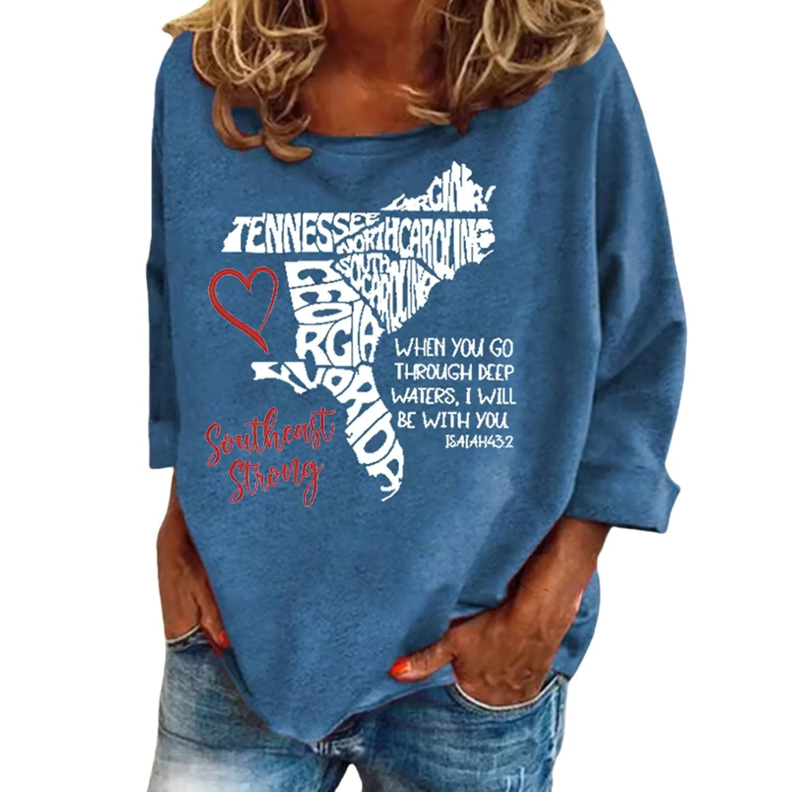 Женские легкие свитшоты Мода Oversized Ретро Southeast Strong When You Walk Through Deep Waters I Will Be With You Isaiah 43:2 Tennessee South North Print Свитшот Осенний свитшот, фото №1