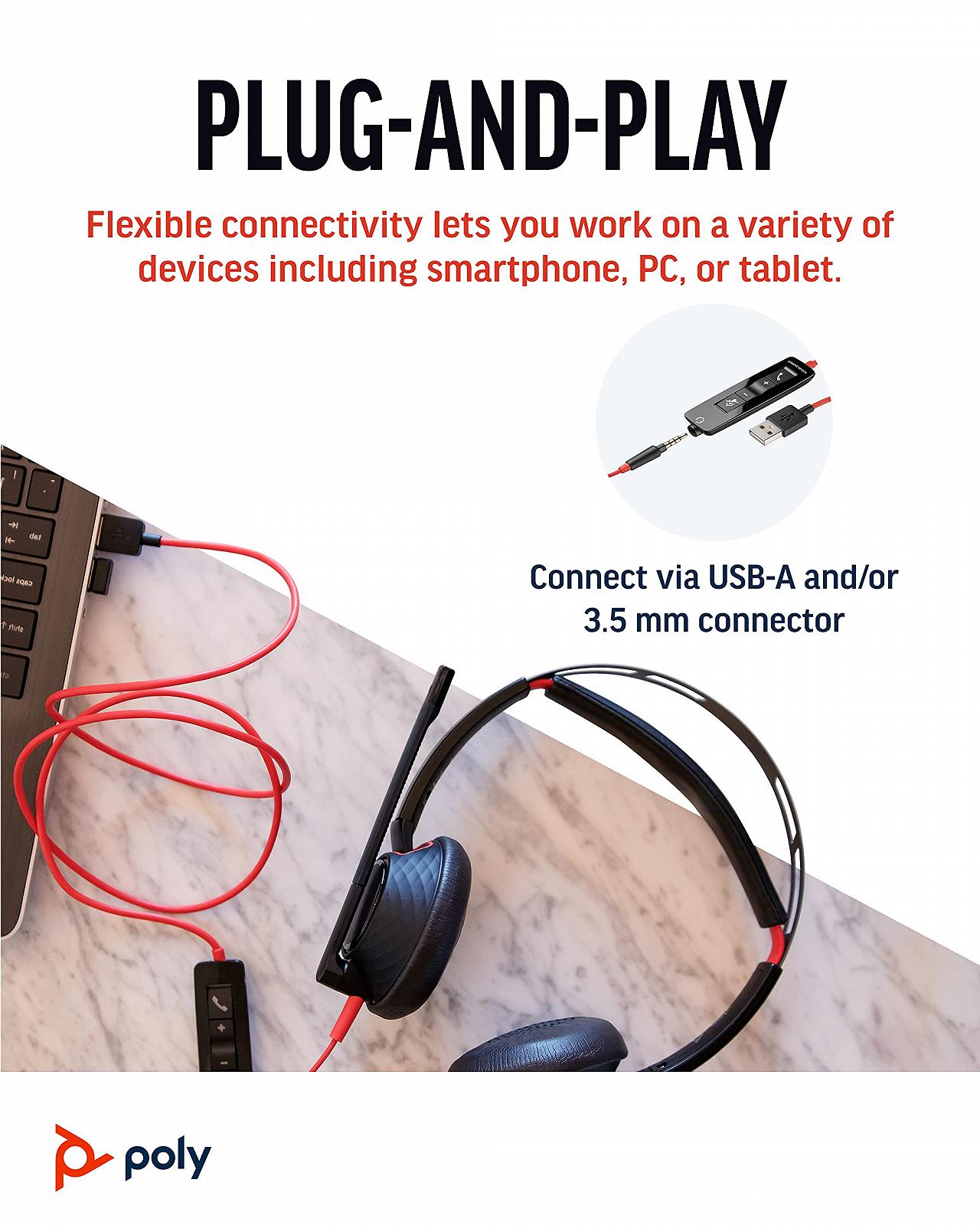 Навушники Plantronics Blackwire C5220 Стерео USB C Роз'єм для ПК, 3.5 мм Чорний, фото №6