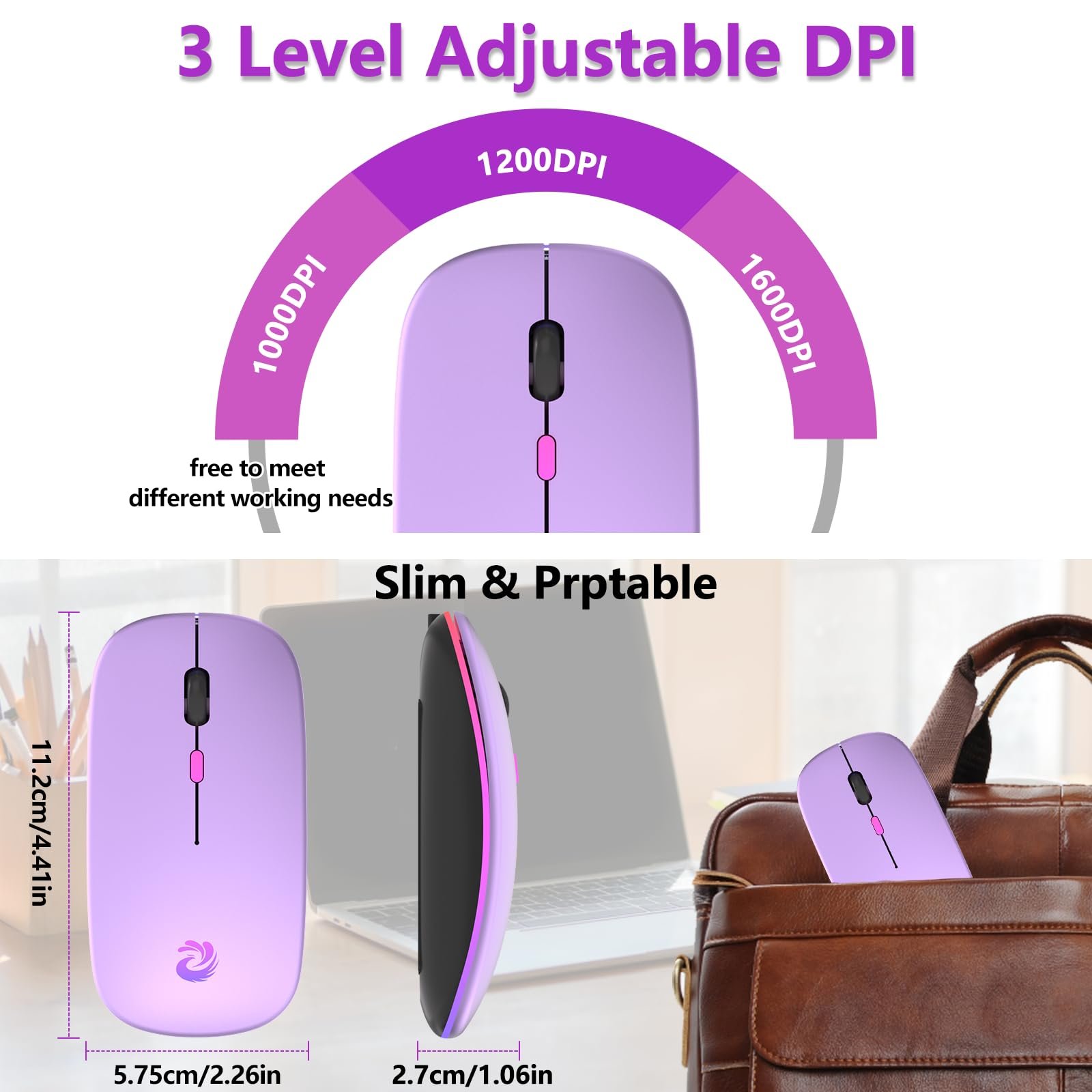Мышь Беспроводная BQSS 2.4 GHz 1600 DPI Оптическое отслеживание Тихие щелчки Перезаряжаемая LED Светло-фиолетовый, фото №5