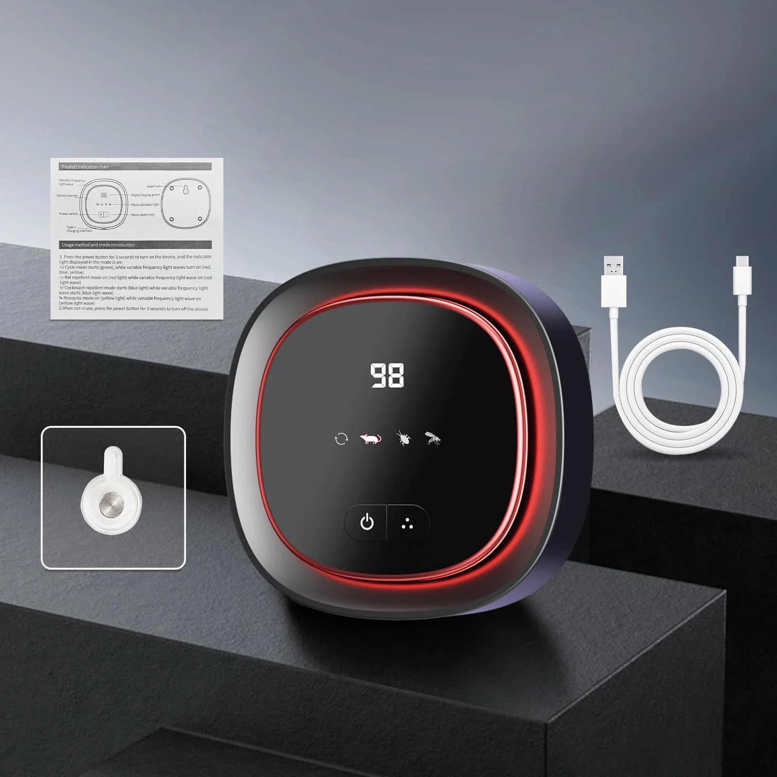 Відлякувач гризунів та комах Ультразвуковий 4 режими 360° USB-C для приміщень, фото №9