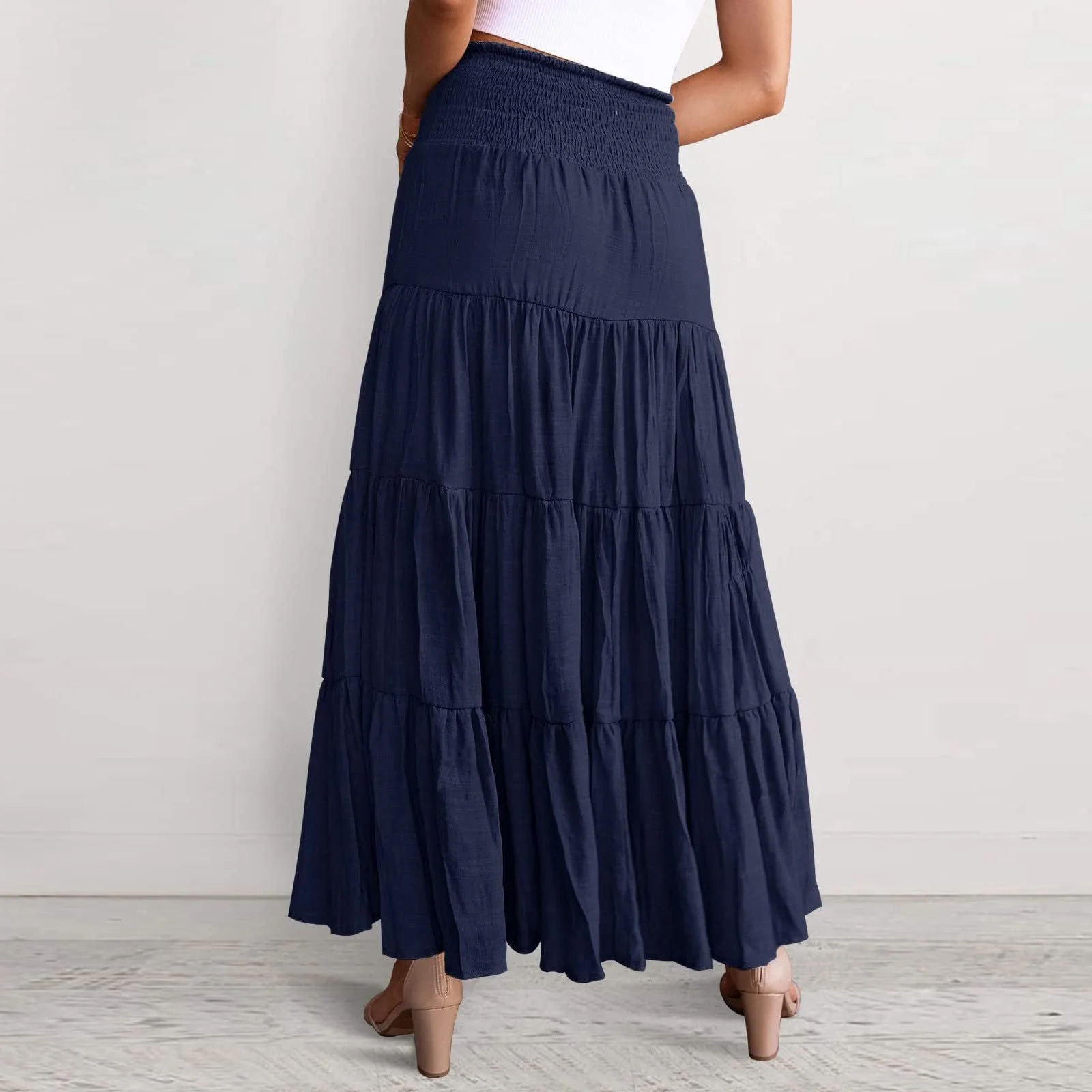 Женская юбка Длинная эластичная юбка с высокой талией Богемная Макси юбка Однотонная повседневная летняя юбка Плиссированная юбка Длинная повседневная юбка Элегантная пляжная юбка A-силуэта Летние юбки для женщин со шнурком, фото №4