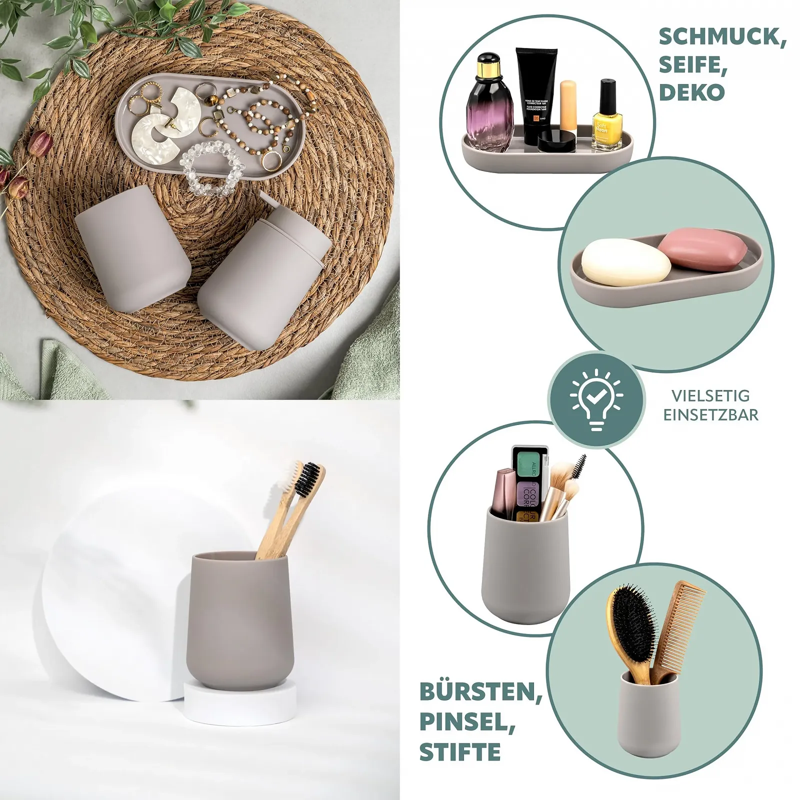 Набор для ванной комнаты Eluno Tesero, 3 предмета дозатор для мыла, стакан и мыльница, пластик, Taupe, фото №6