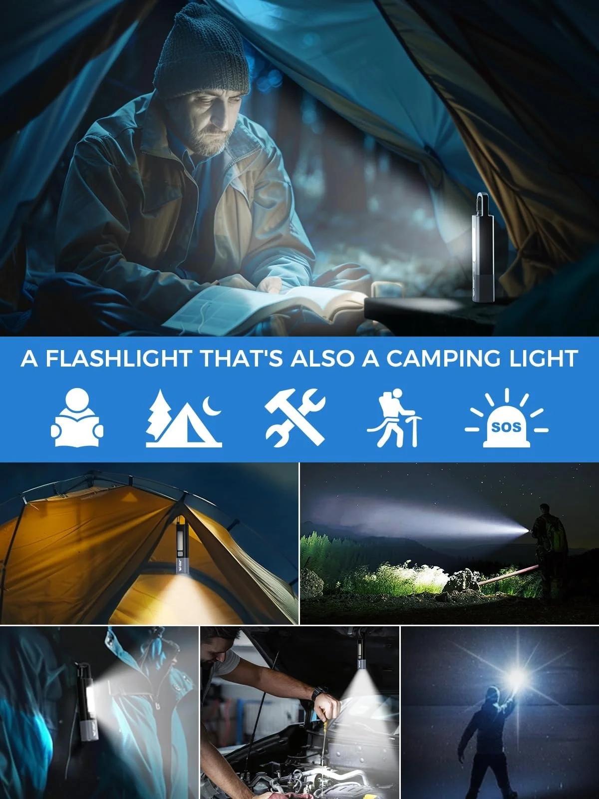 Ліхтар Smiling Shark G1 2 шт. LED Перезаряджуваний з боковим світлом і 3 режимами, масштабований, водонепроникний, міні з гачком Чорний, фото №6