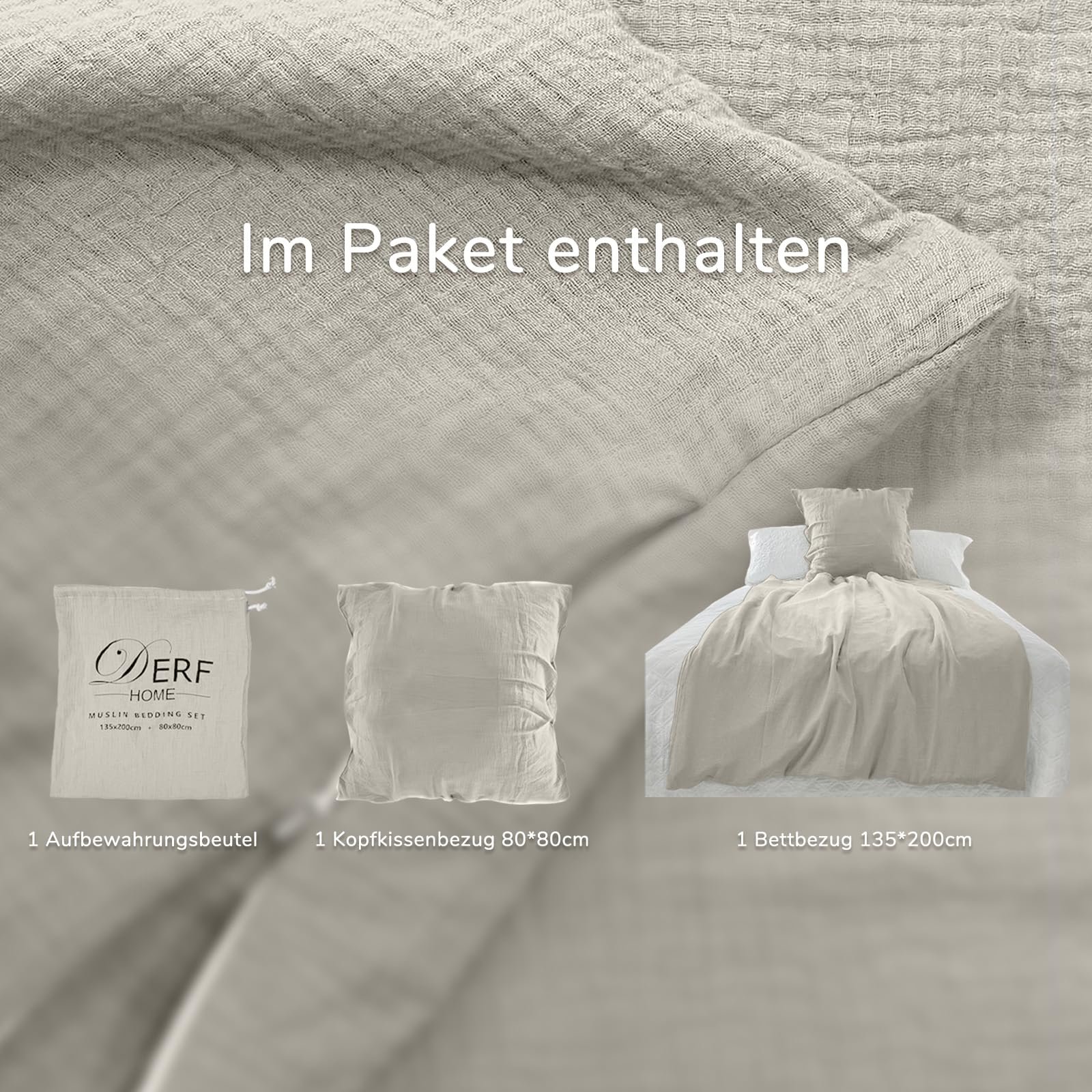 Постільна білизна DerF HOME Muslin, сіра, 135 x 200 см підодіяльник + 80 x 80 см наволочка, 100% бавовна, м'яка та приємна для шкіри для спокійного сну, фото №9