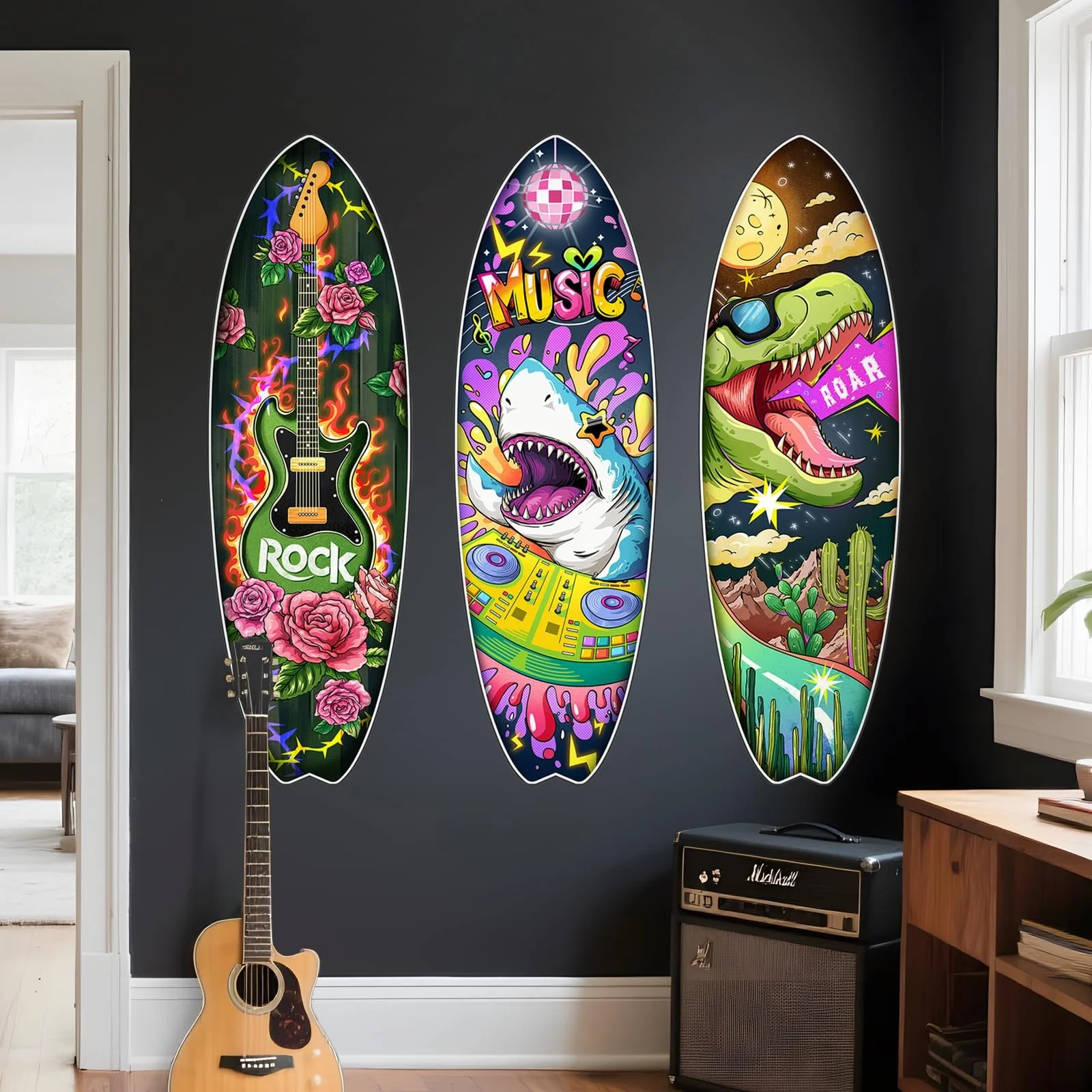 Наклейки на стіну Supzone Music Surfboard Dinosaur Guitar Shark 3 шт, фото №6