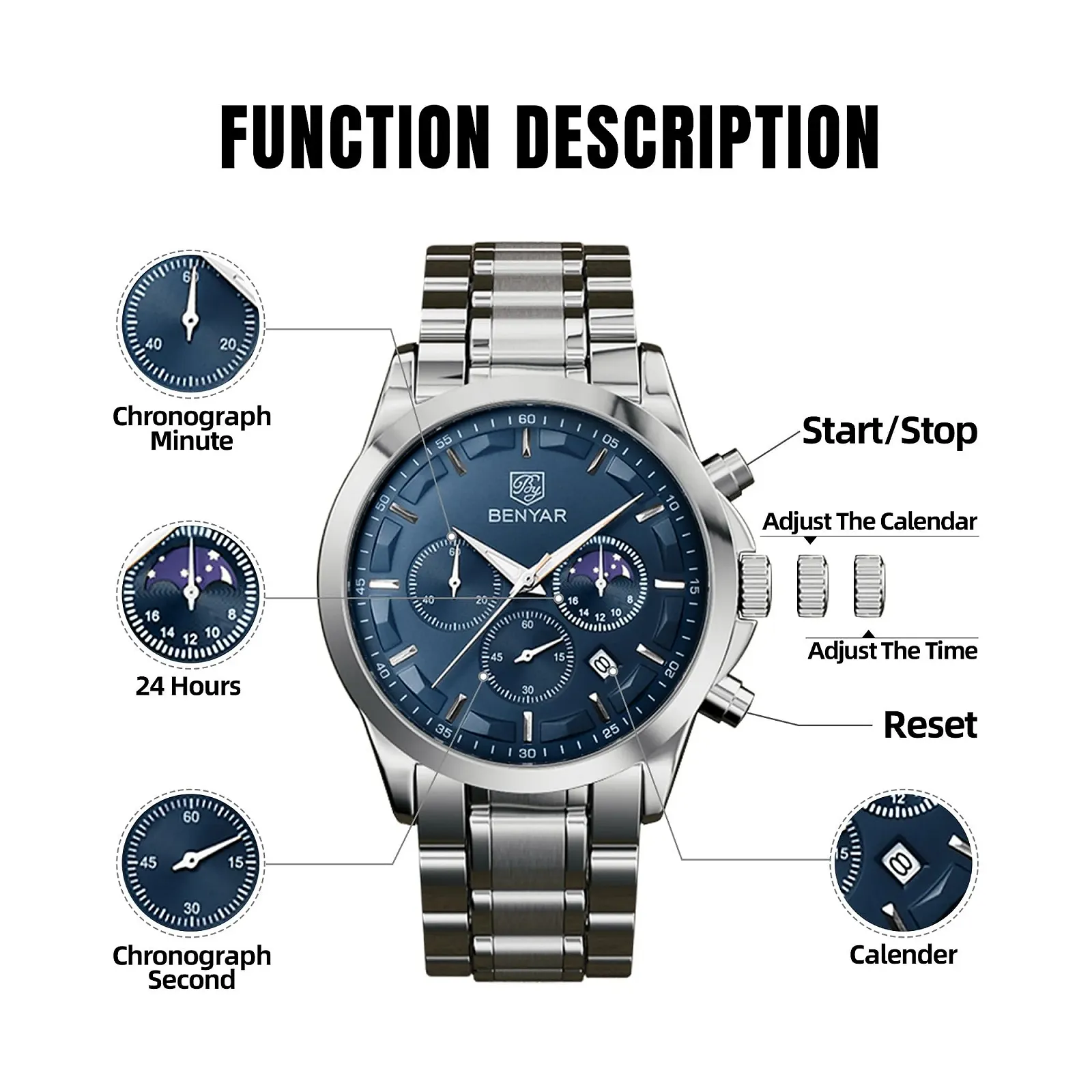 Чоловічий годинник Benyar Хронограф Аналоговий Кварцовий, фото №6