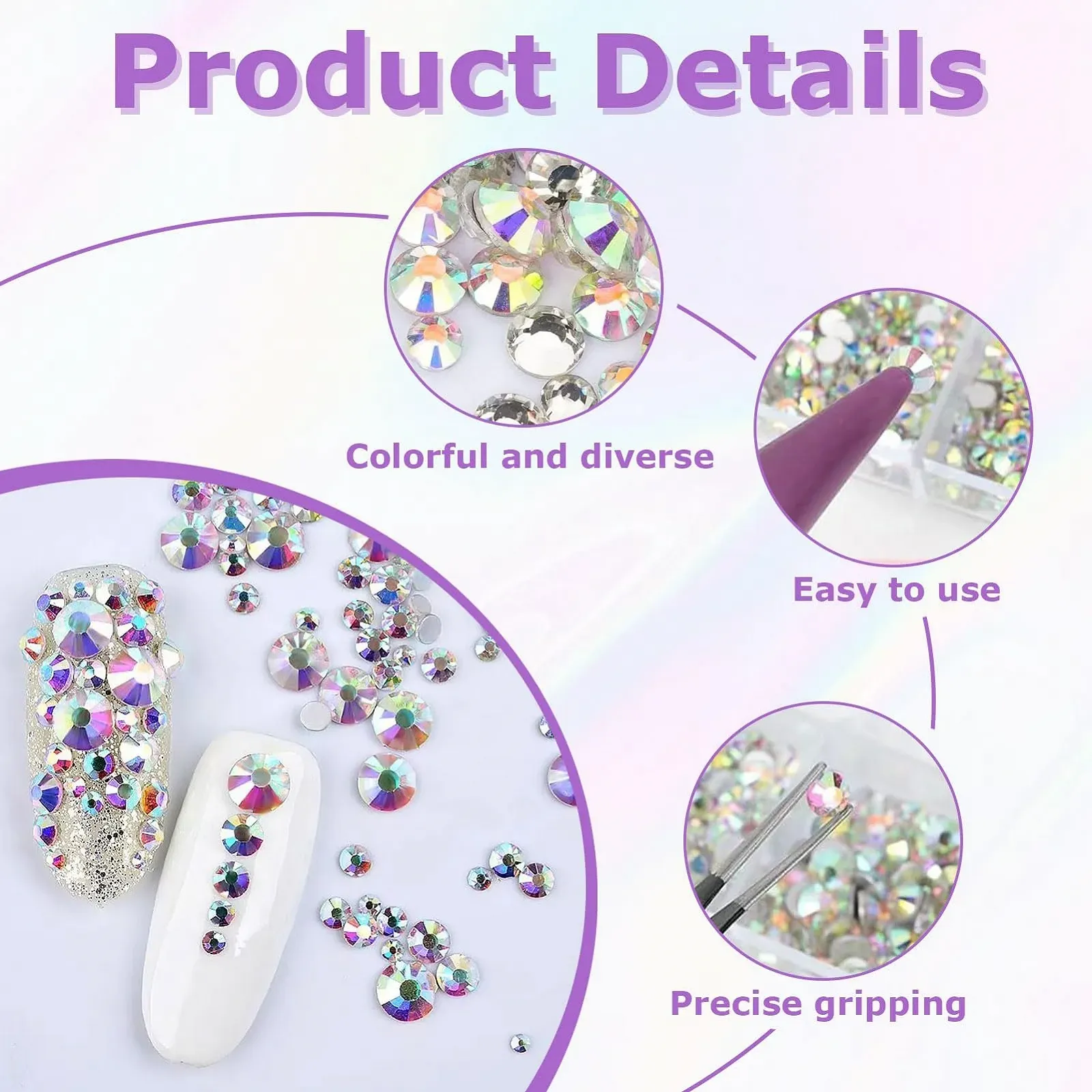 Стразы для ногтей 5200 штук, наклейки для ногтей, стразы для ногтей, плоские бусины с пинцетом и набор указательных ручек для ногтей/одежды/чехлов для телефонов, фото №3