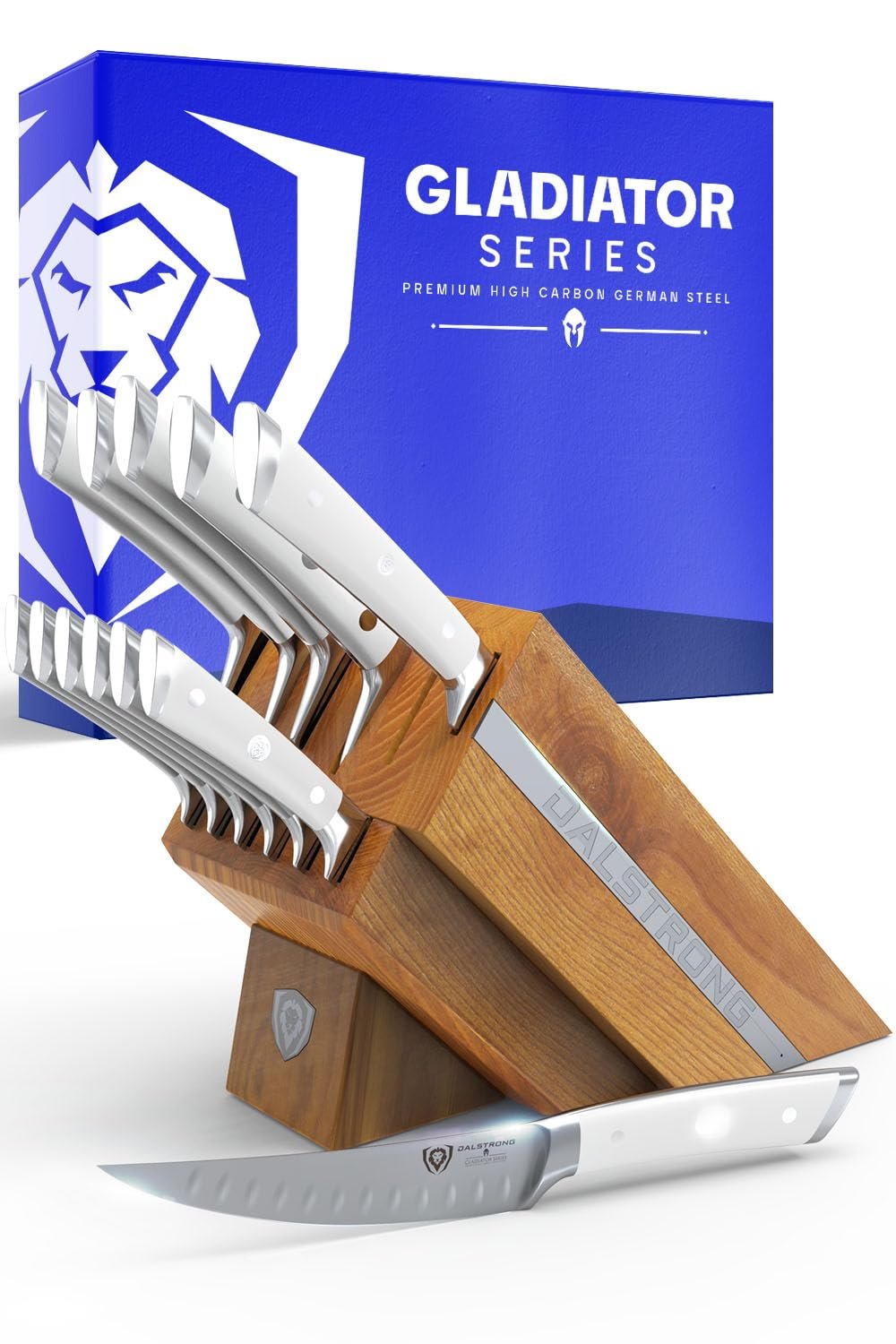 Набір ножів DALSTRONG Gladiator Series 12 предметів. Білі ручки, німецька високовуглецева сталь, блок з маньчжурського ясеня ручної роботи, фото №1