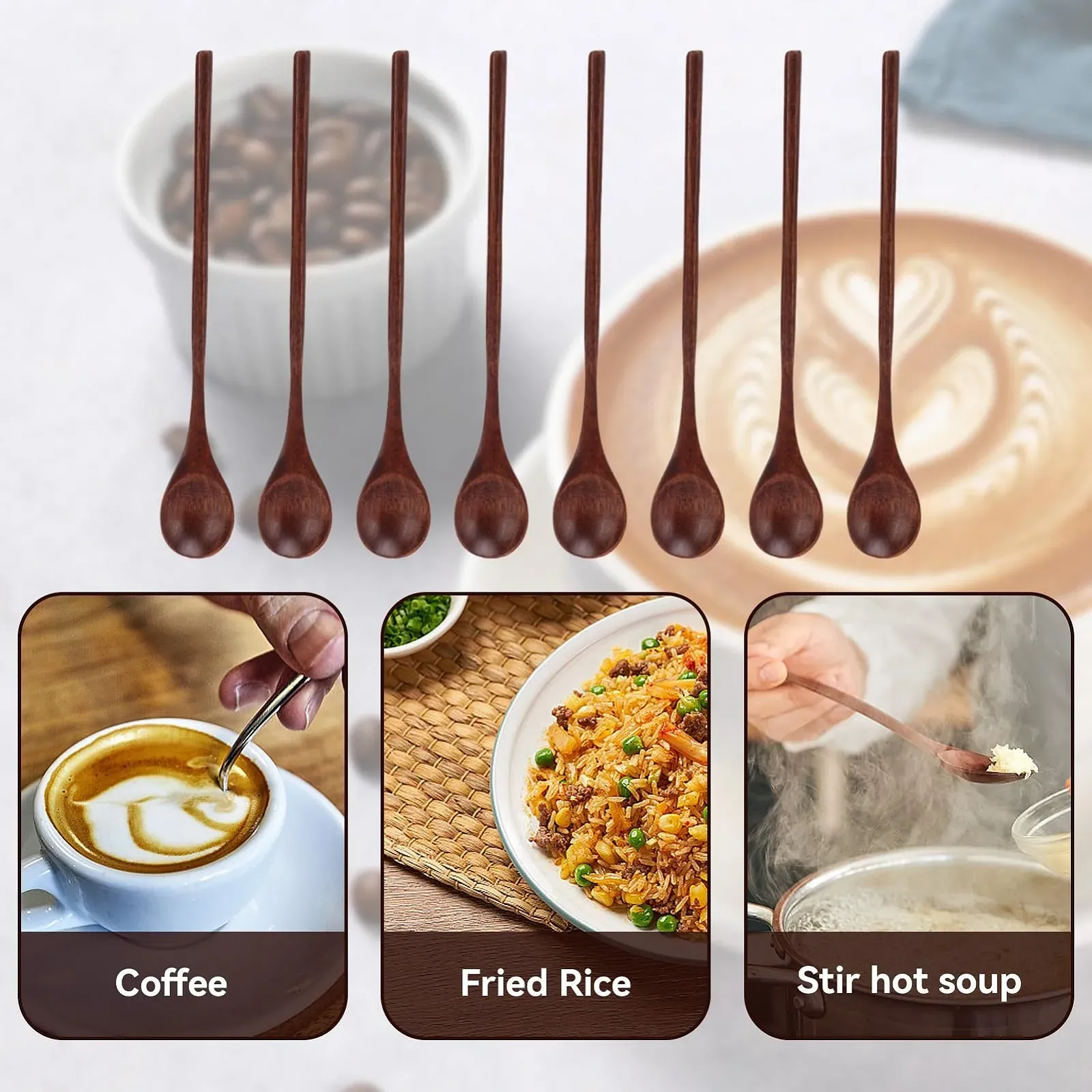 Набір дерев'яних ложок, 8 шт, з довгою ручкою, Дерев'яна, фото №3