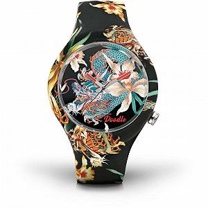 Часы Doodle Watch Dragon Mood DODR001 Унисекс, Темно-синий с драконами и цветочными принтами, Браслет synthetic.ua - Фото 1