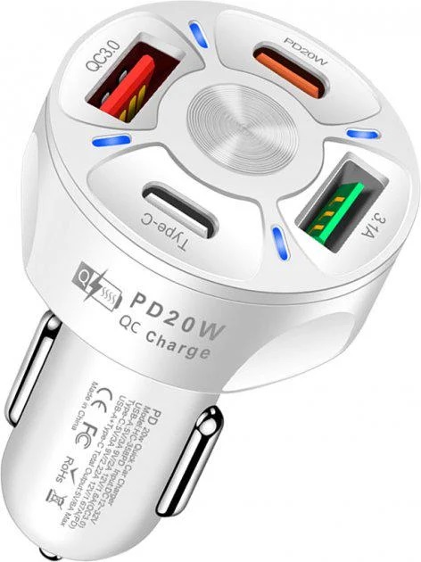 Зарядное устройство автомобильное Xiamen 2USB 2Type-C PD20W QC 3.0 White 050552, фото №1 Зарядное устройство автомобильное Xiamen 2USB 2Type-C PD20W QC 3.0 White 050552, фото №1