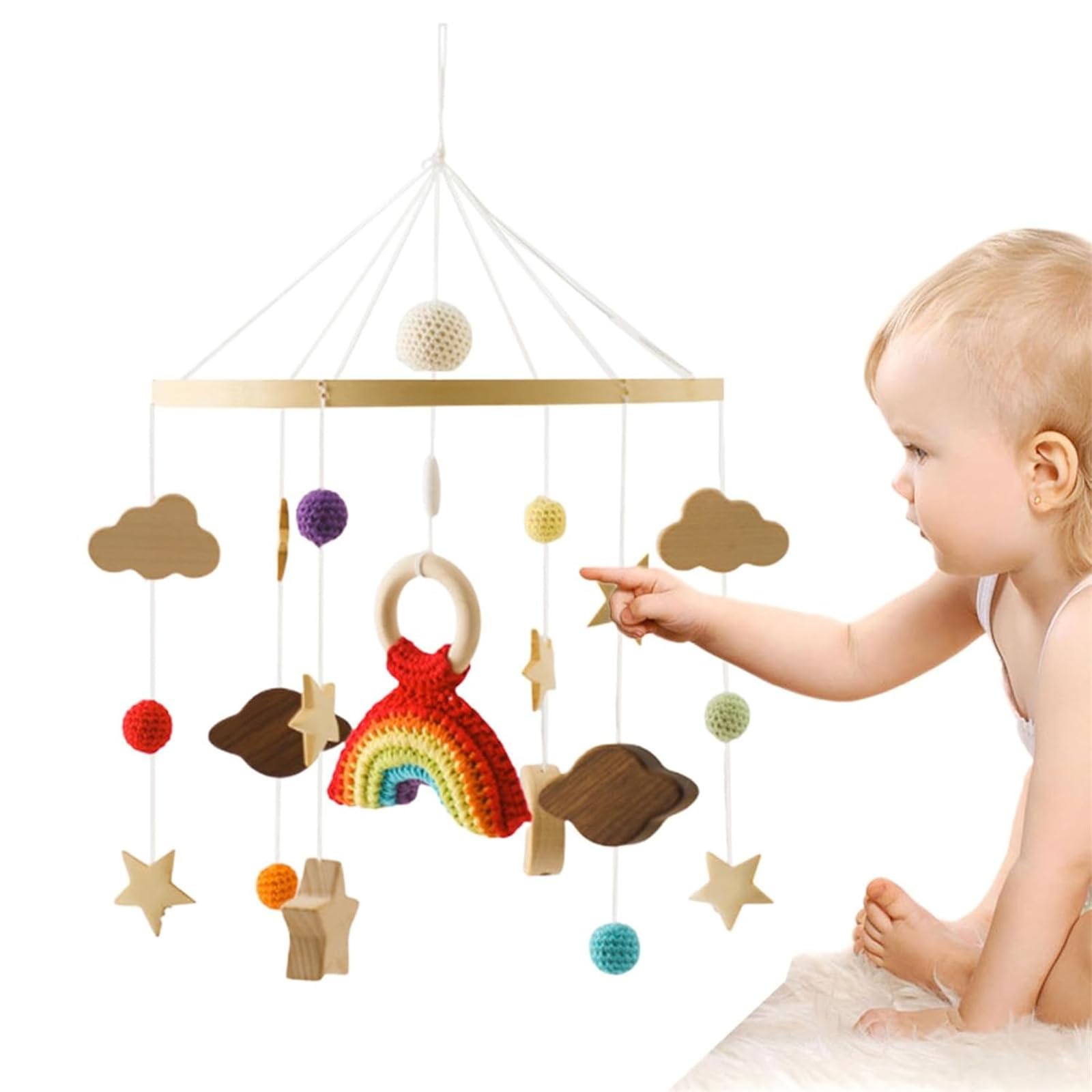 Мобильные подвески Baby Wind Chimes Bed Bell, вращающаяся мобилка, вязаная мобилка, успокаивающая игрушка для сна, деревянная подвеска для девочек и мальчиков (ракеты), фото №4