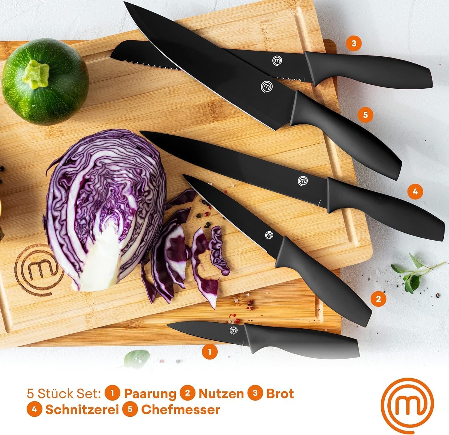 Набір кухонних ножів MasterChef з 5 предметів (ніж шеф-кухаря, ніж для овочів, ніж для очищення овочів, обробний ніж та ніж для хліба), гострі, з нержавіючої сталі, з антипригарним покриттям, ручки Soft Touch, чорний, фото №2