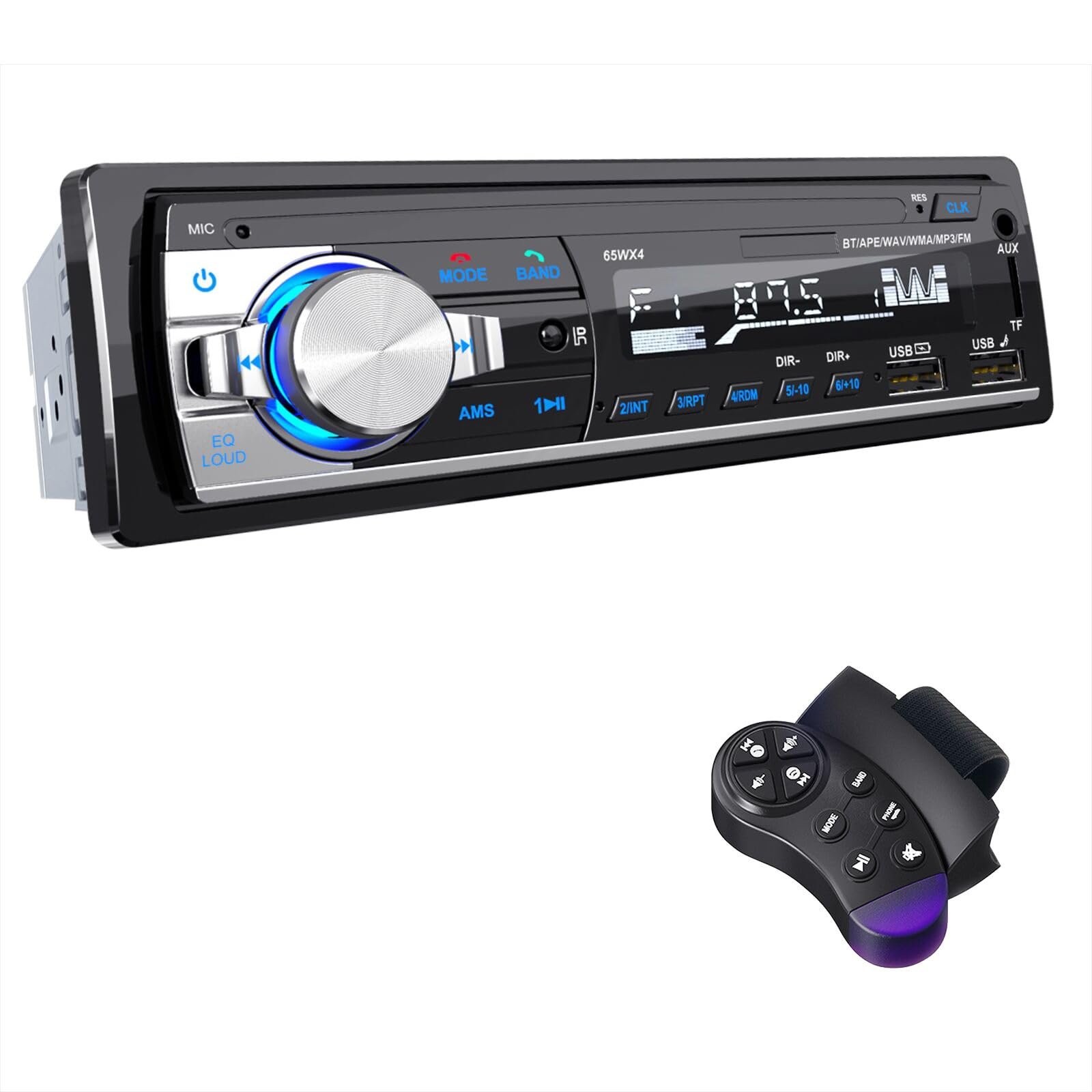 Автомагнітола CENXINY Bluetooth 5.0 RDS 1 DIN 4 x 65 Вт з годинником/пультом дистанційного керування, MP3-плеєр, 2 USB/AUX входи/TF/SD/FM/iOS Android (без CD), фото №1