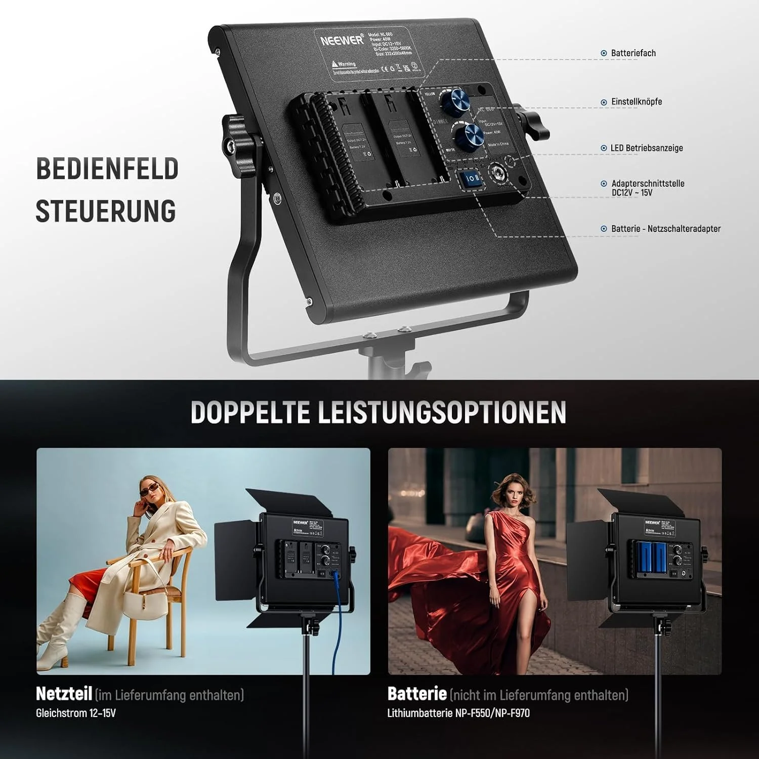 Набор студийного освещения Neewer NL660 / 3200-5600K / CRI 96+ / Черный, фото №7