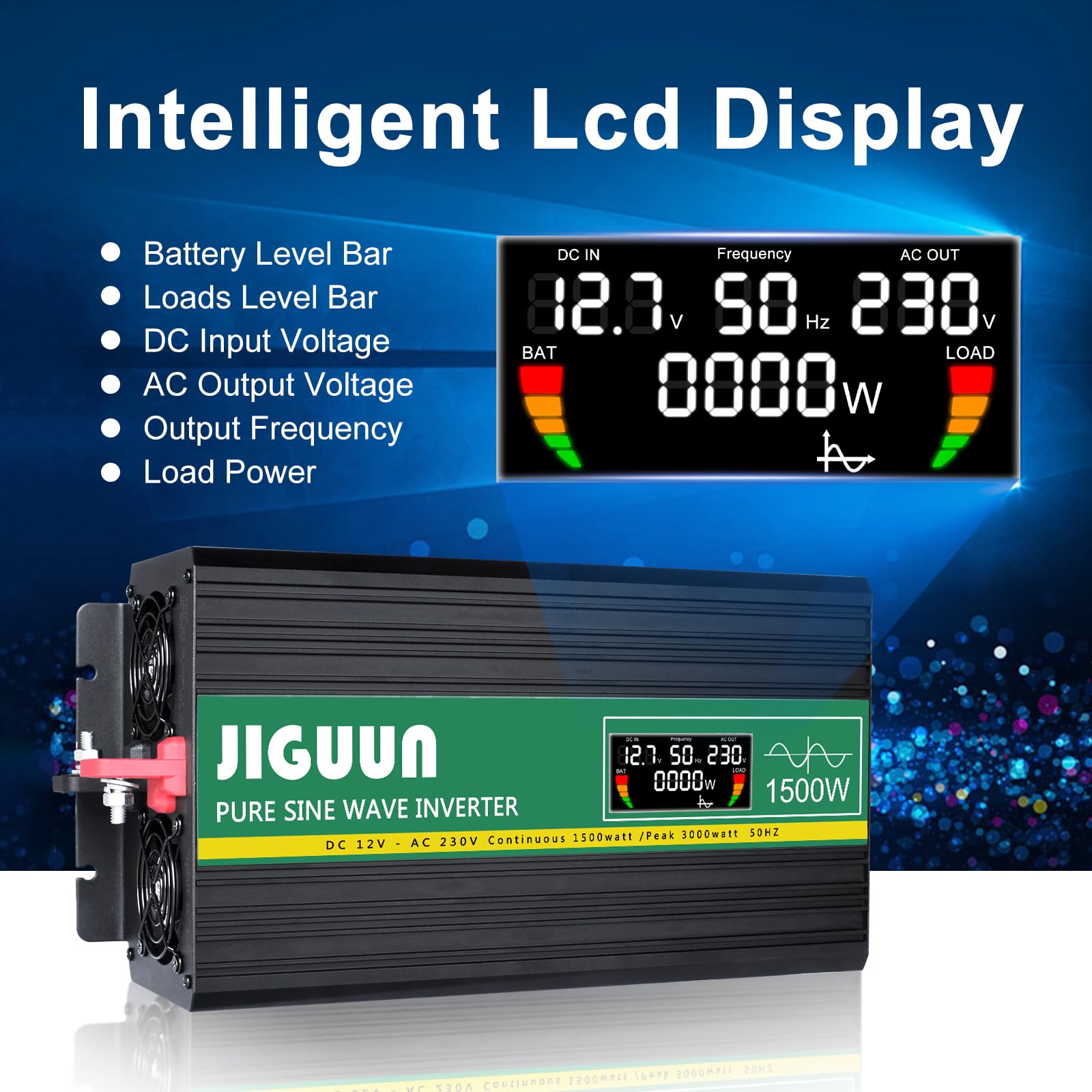 Інвертор JIGUUN Pure Sine Wave Конвертер напруги 1500 Вт 12 В 230 В 2 єврозамки USB вихід 2.1 А бездротовий пульт ДК LCD дисплей, фото №4