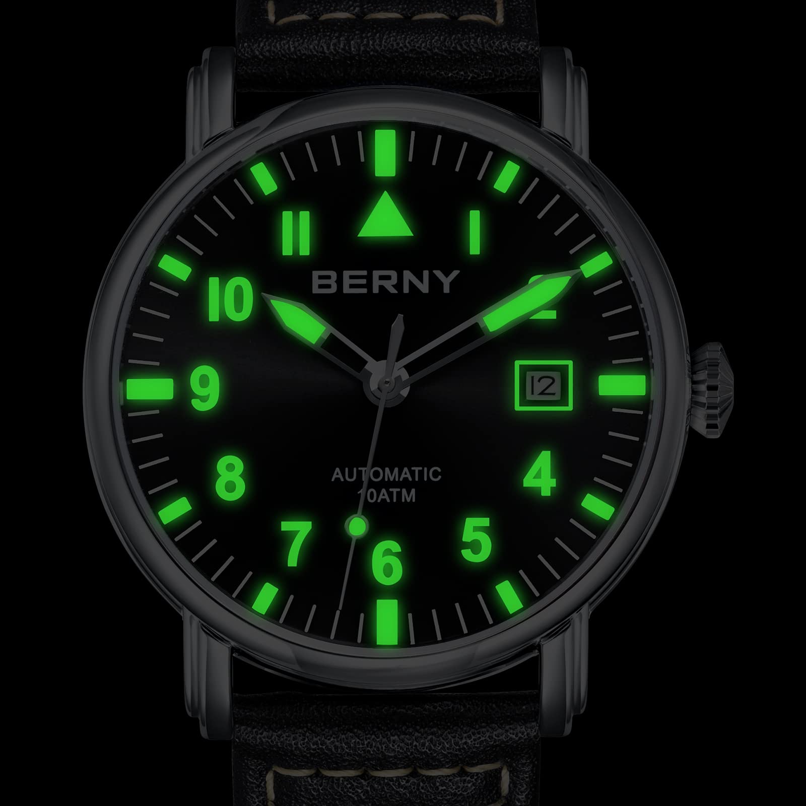 Часы BERNY Механический Автоматический Мужской Самозавод Кожаный Ремешок Классический Авиатор Водонепроницаемый 10АТМ Сапфировое Стекло Устойчивый к Царапинам Супер Люминесцентный, фото №4