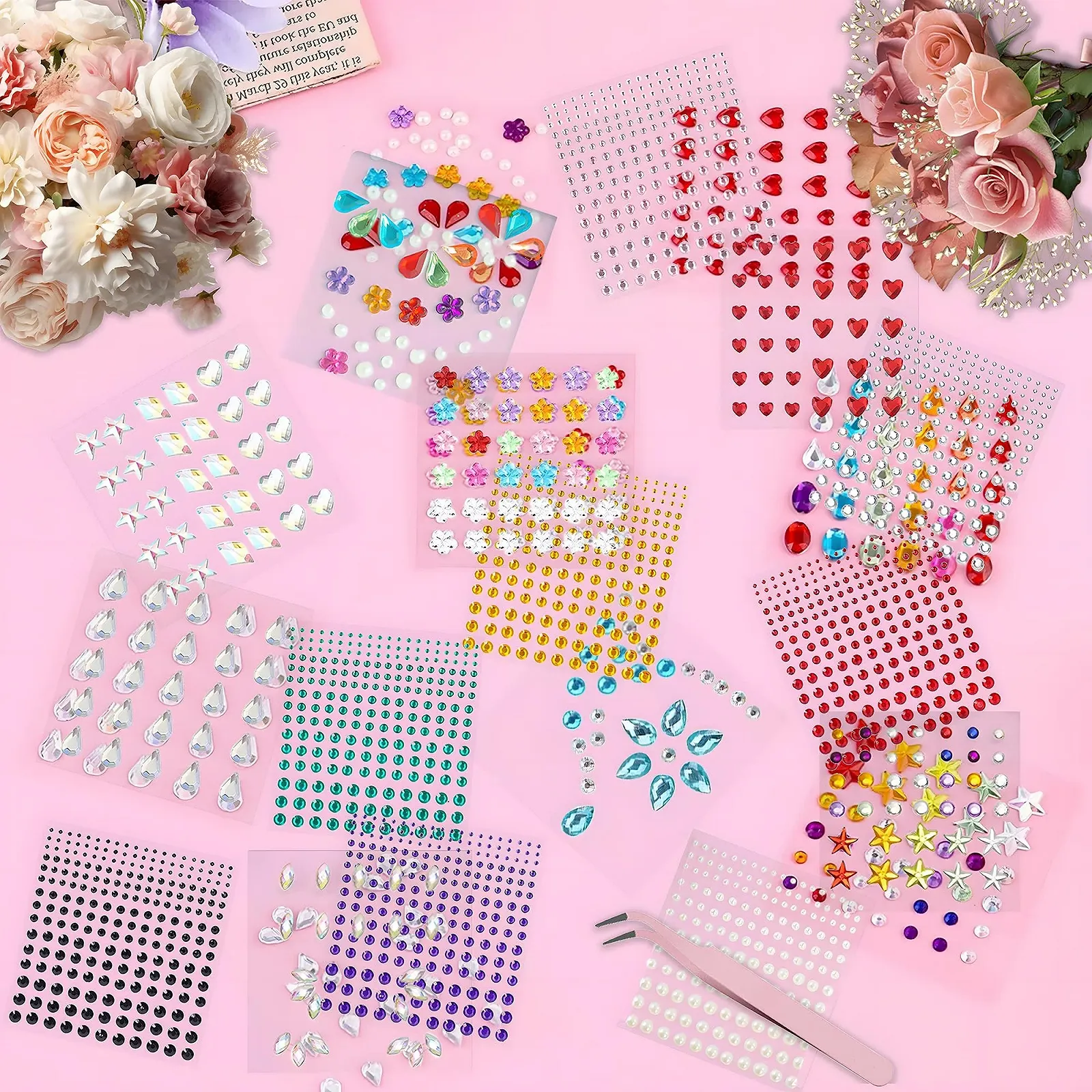 Набор наклеек с блестками 16 шт. + пинцет Разноцветные и разных размеров, фото №3