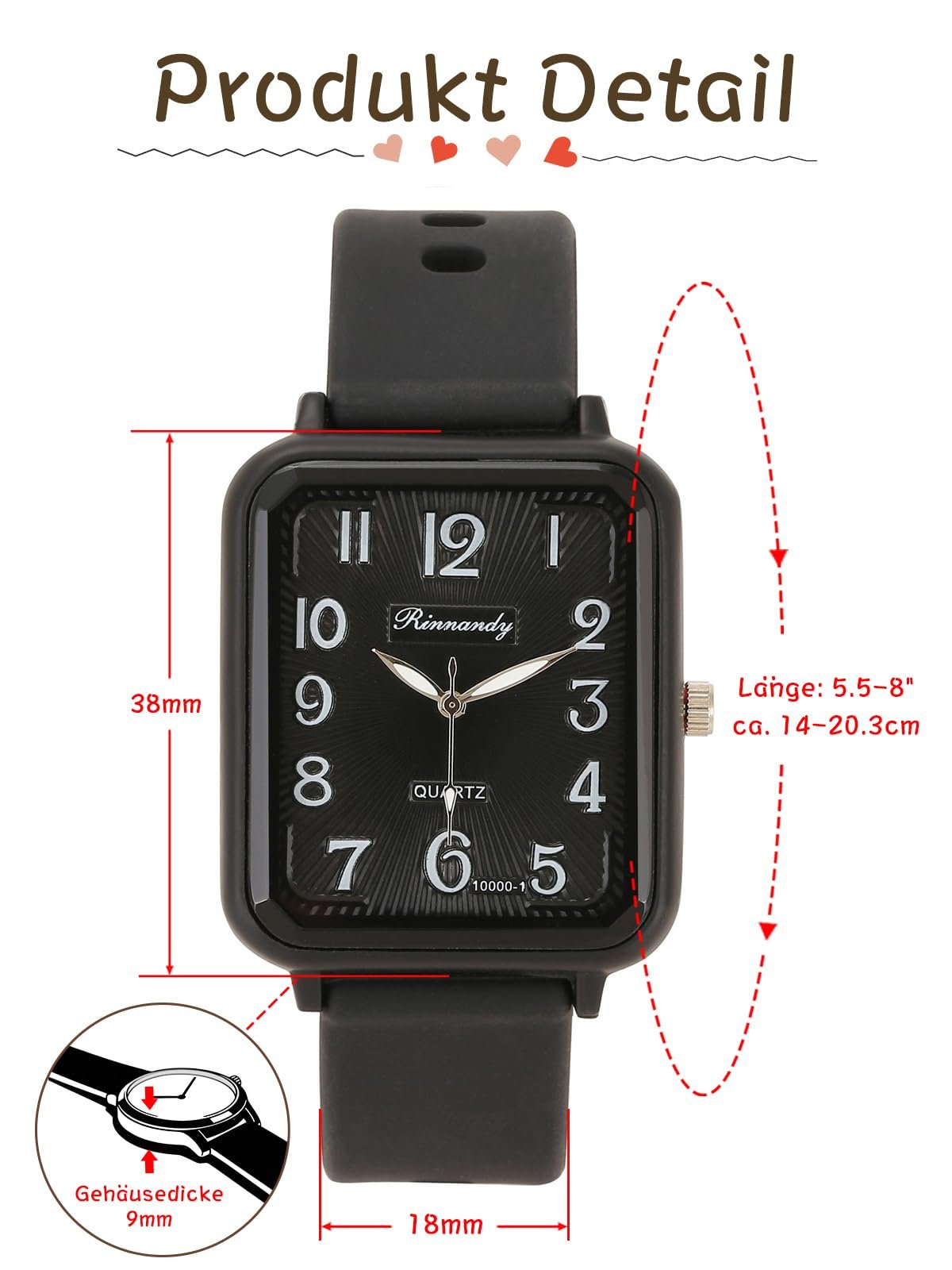 Годинник Унісекс JSDDE Кварцовий Аналоговий Прямокутний Циферблат Арабські Цифри, фото №6