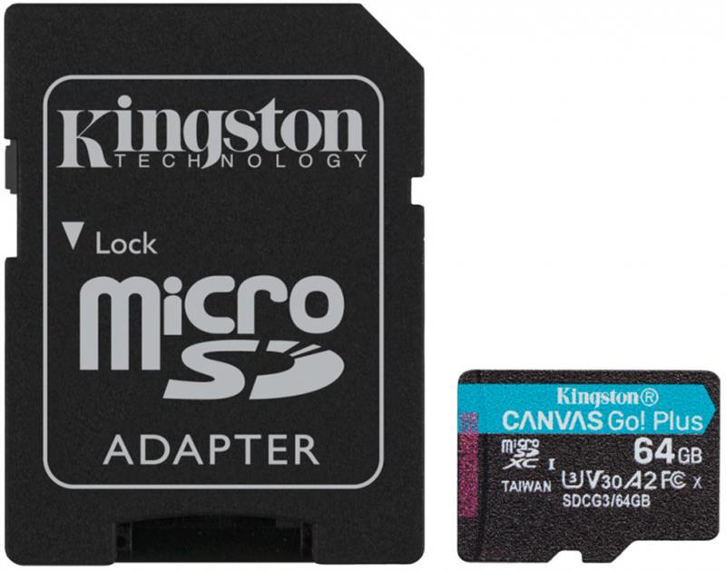 Карта памяти MicroSDXC 64GB UHS-I/U3 Class 10 Kingston Canvas Go! Plus R170/W70MB/s + SD-адаптер SDCG3/64GB, фото №1