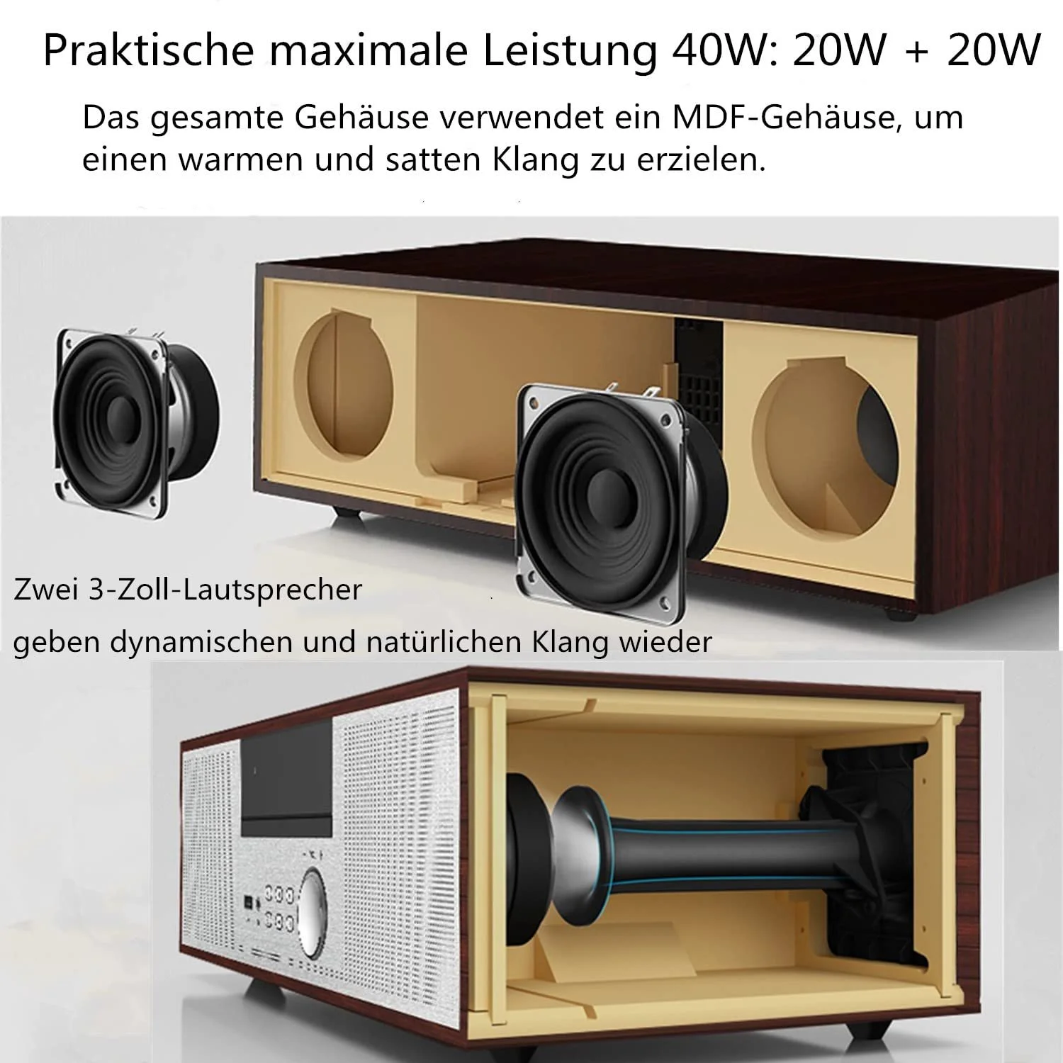 Винтажная микро Hi-Fi система CD стереосистема Mini Component 40 Вт RMS FM/Bluetooth-совместимый/USB/AUX/Дистанционное управление/Разъем для наушников, совместимый с источником звука высокого разрешения, серебристый, дерево, фото №5