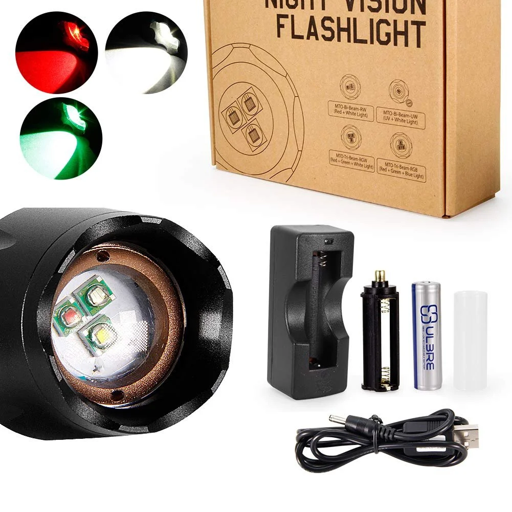 Ліхтар 3-колірний (червоний, зелений, білий) LED Інтегрований Водонепроникний з регульованим фокусом з акумулятором 2200 мАг та USB зарядним пристроєм для риболовлі, походів, кемпінгу, фото №8