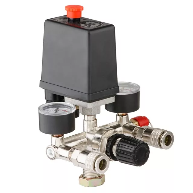 Прессостат 220В в сборе редуктор 2 манометра предохранительный клапан два выхода INTERTOOL PT-9094, фото №3