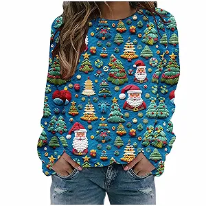 Рождественский Свитшот Женский с Длинными Рукавами и Круглым Вырезом Разноцветный с Принтом Снеговика - Фото 1