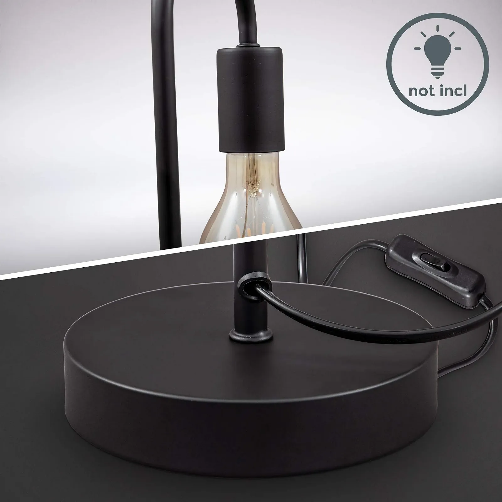 Настільна лампа B.K.Licht Retro вигнута E27 з кабельним вимикачем металева Чорний матовий, фото №3