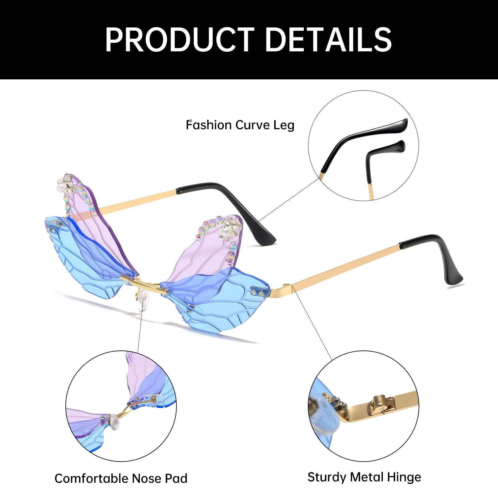 Сонцезахисні Окуляри Без оправи YAMEIZE Метелик Стрекоза, Металеві, UV400, для Чоловіків та Жінок, фото №5 Сонцезахисні Окуляри Без оправи YAMEIZE Метелик Стрекоза, Металеві, UV400, для Чоловіків та Жінок, фото №5