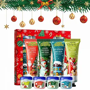 Набор Крем для рук Бальзам для губ, Рождественский набор Крем для рук, Рождественский набор Увлажняющий восстанавливающий Крем для рук Помада, 4 x Кремы для рук + 4 x Бальзамы для губ, Рождественские подарки для женщин и мужчин - Фото 1